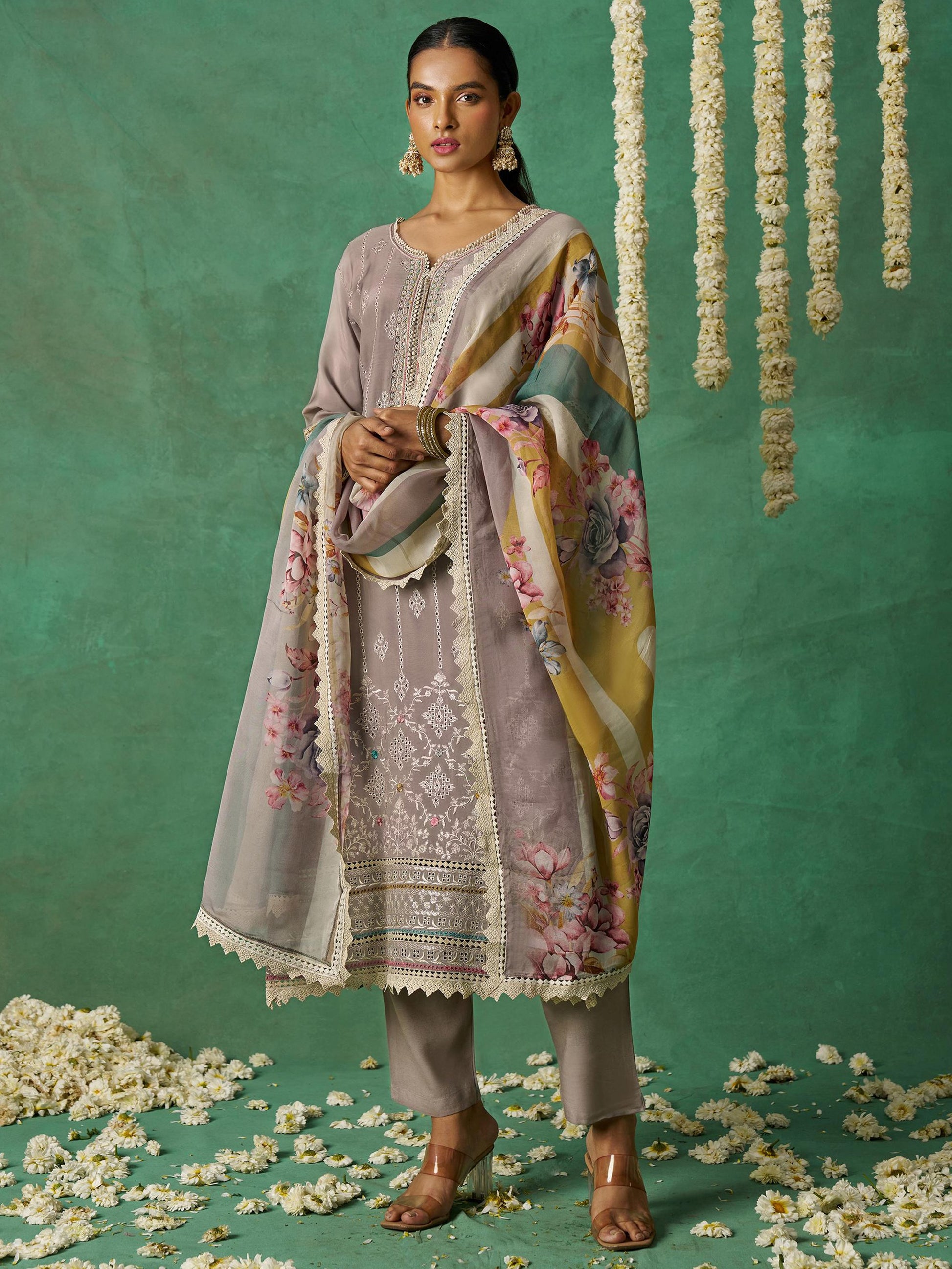 Alluring Grey Organza Traditional Pant Suit With Printed Dupatta