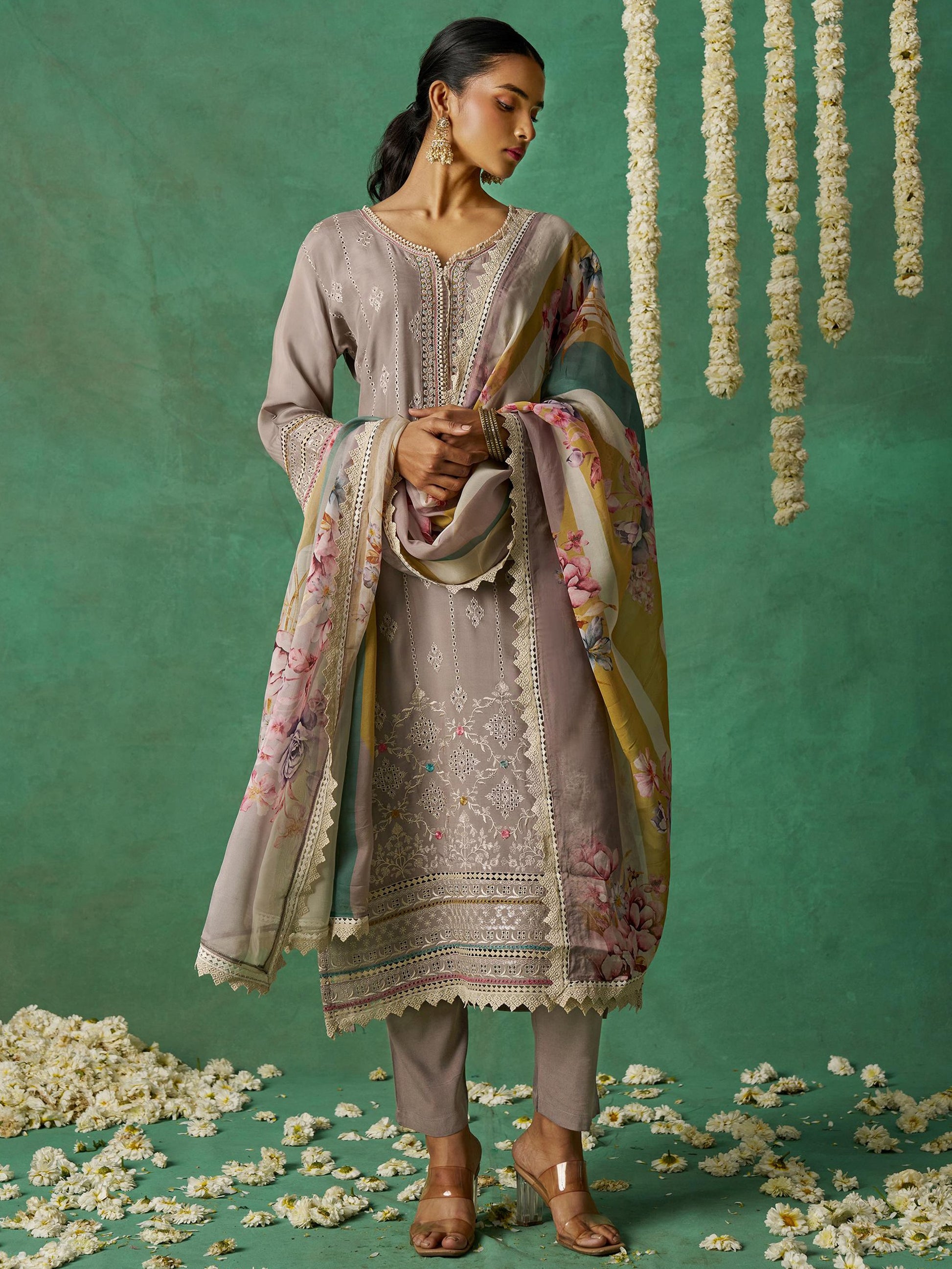 Alluring Grey Organza Traditional Pant Suit With Printed Dupatta