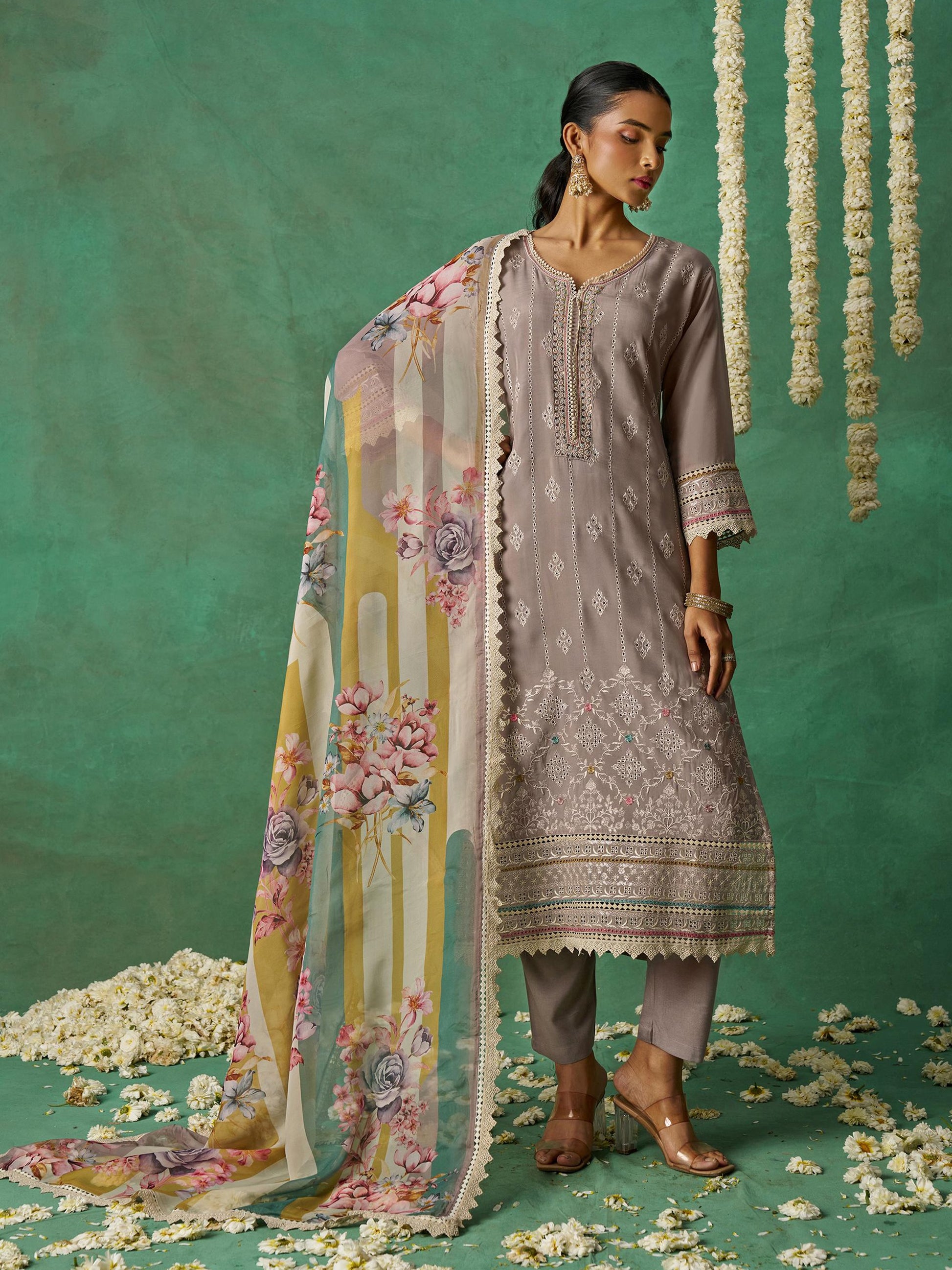 Alluring Grey Organza Traditional Pant Suit With Printed Dupatta