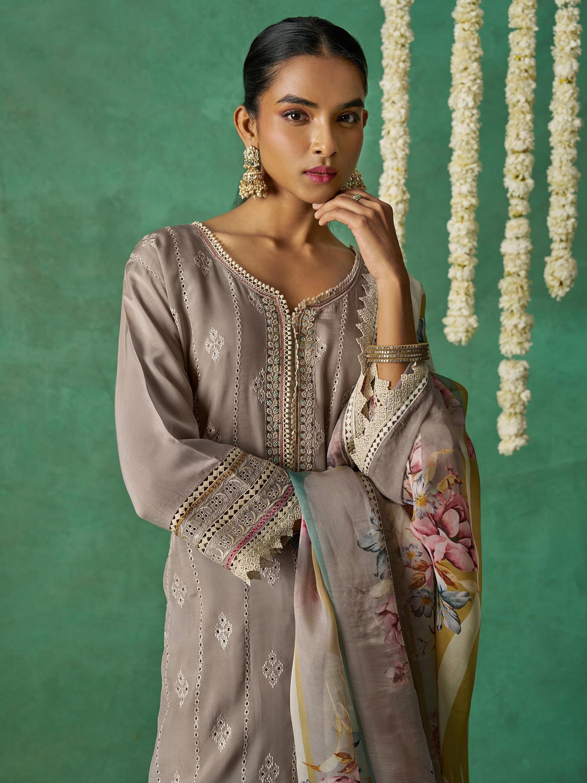Alluring Grey Organza Traditional Pant Suit With Printed Dupatta