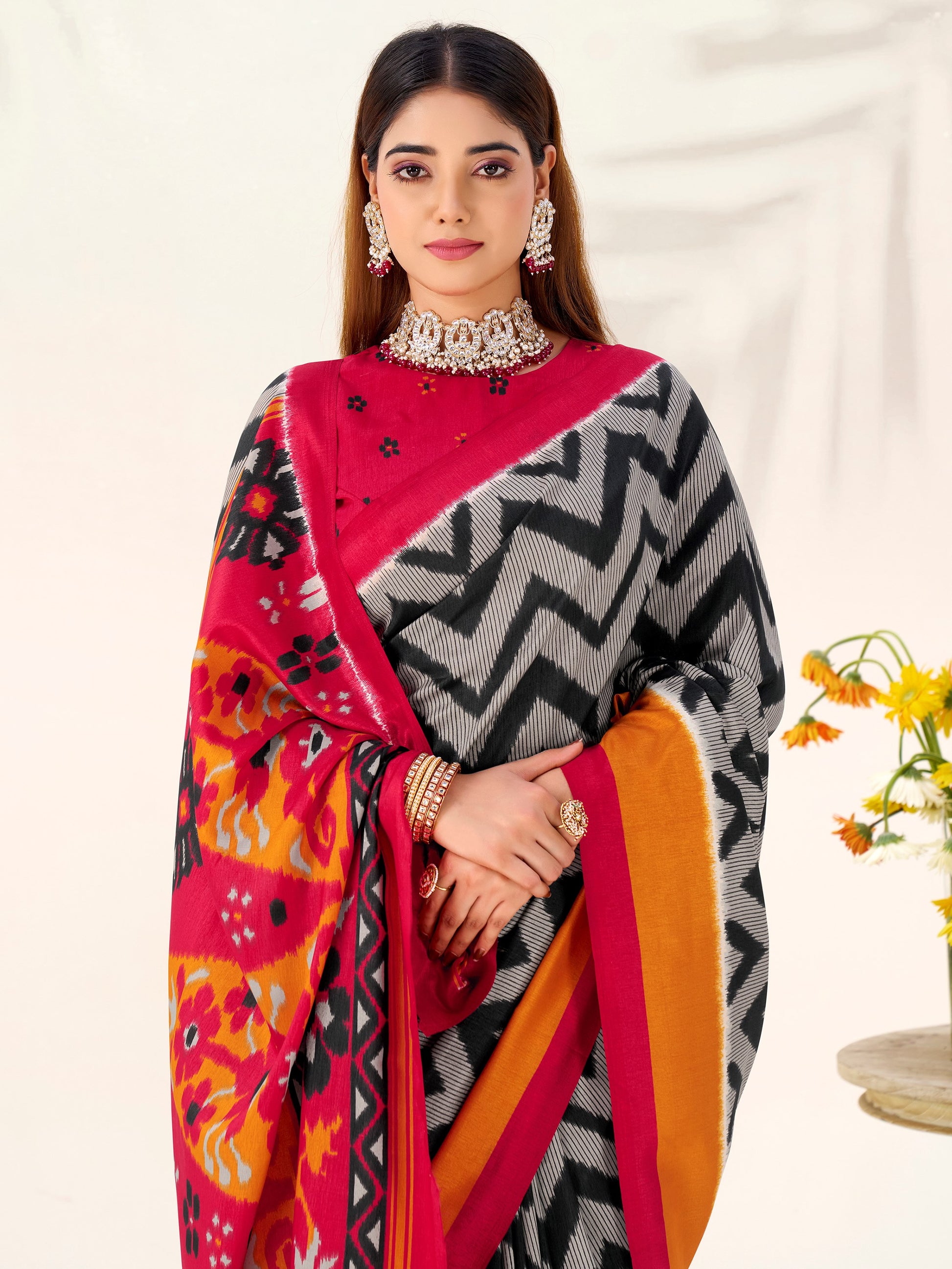 Classic Black Zig-Zag Printed Tussar Silk Casual Wear Saree With Blouse