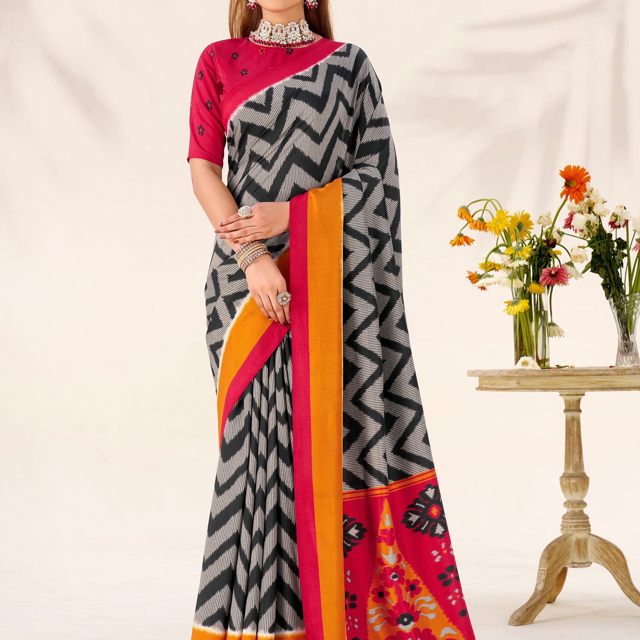 Classic Black Zig-Zag Printed Tussar Silk Casual Wear Saree With Blouse