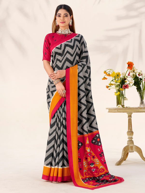 Classic Black Zig-Zag Printed Tussar Silk Casual Wear Saree With Blouse