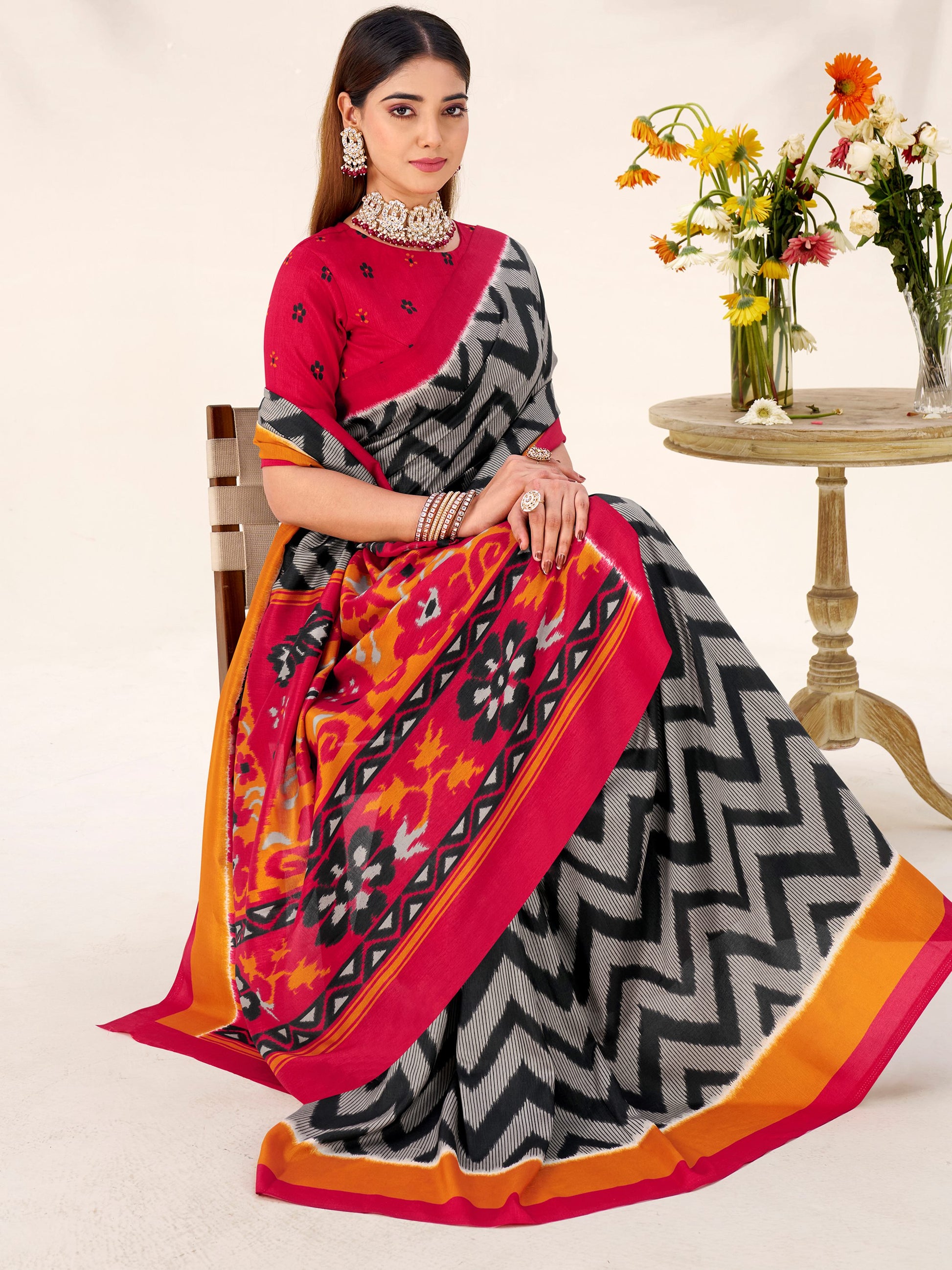 Classic Black Zig-Zag Printed Tussar Silk Casual Wear Saree With Blouse