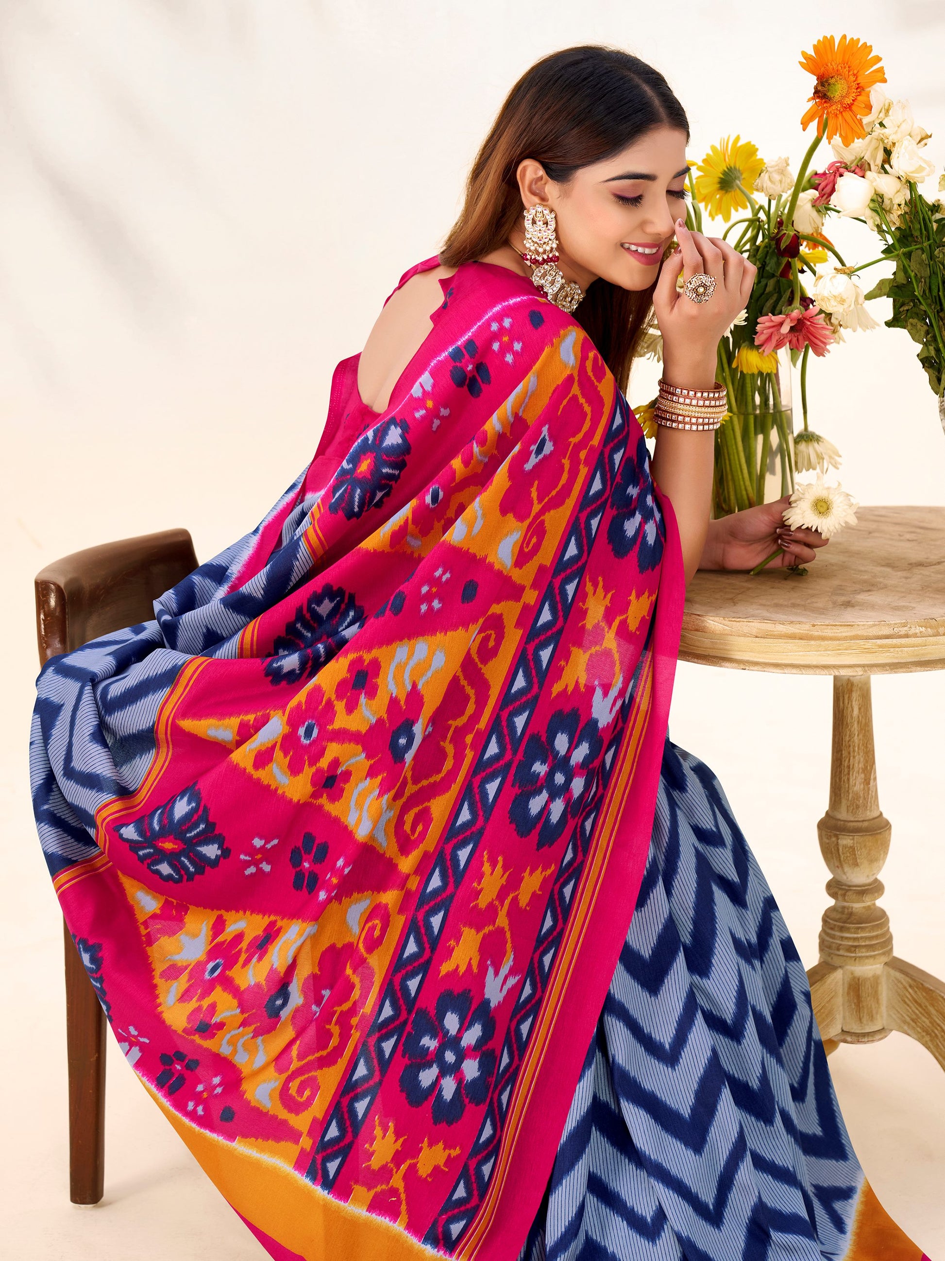 Stunning Blue ZIg-Zag Printed Tussar Silk Casual Wear Saree With Blouse