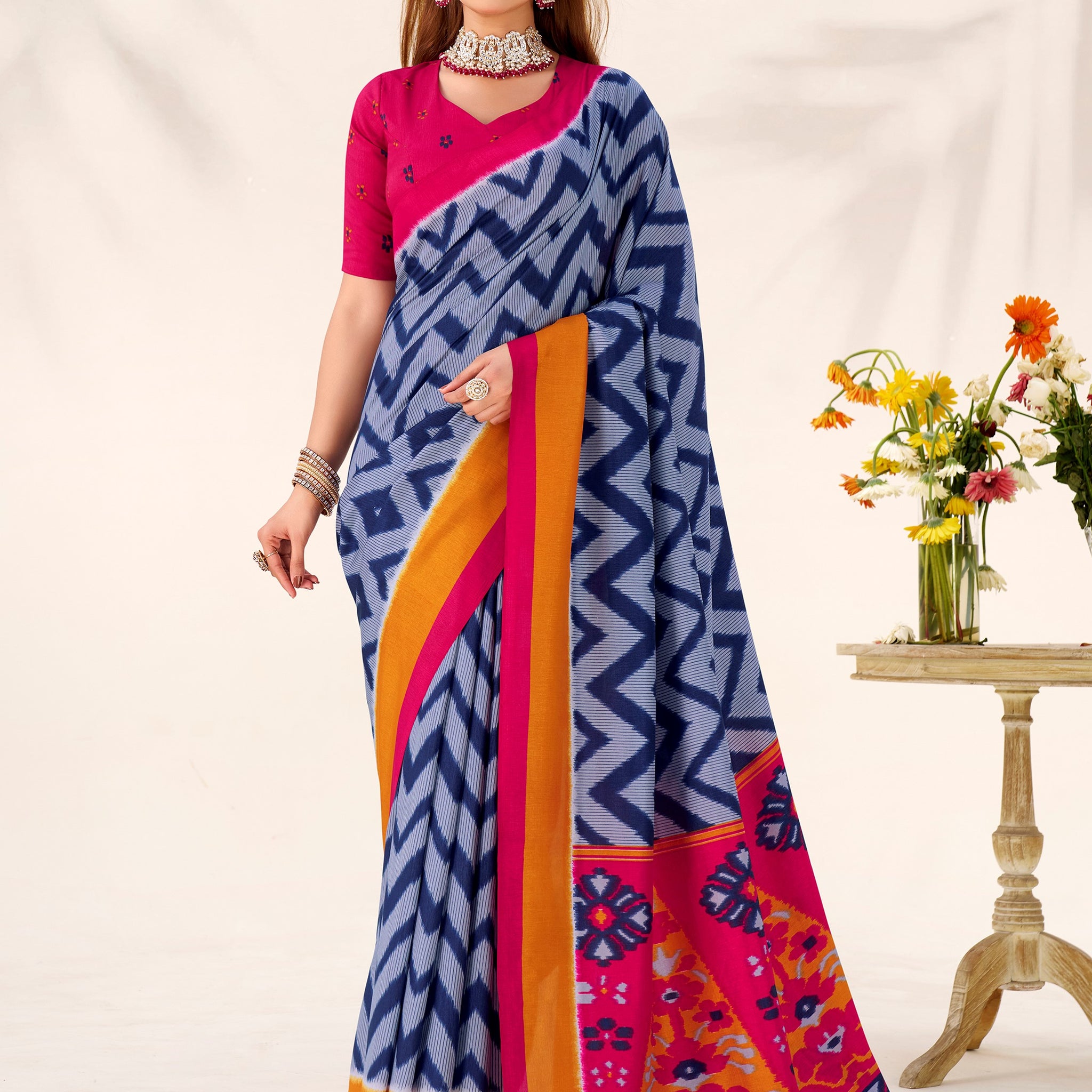Stunning Blue ZIg-Zag Printed Tussar Silk Casual Wear Saree With Blouse
