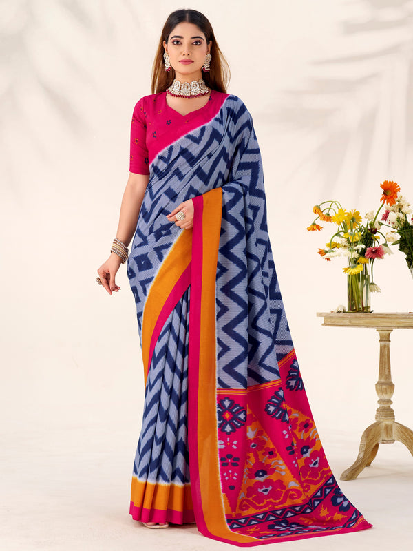 Stunning Blue ZIg-Zag Printed Tussar Silk Casual Wear Saree With Blouse