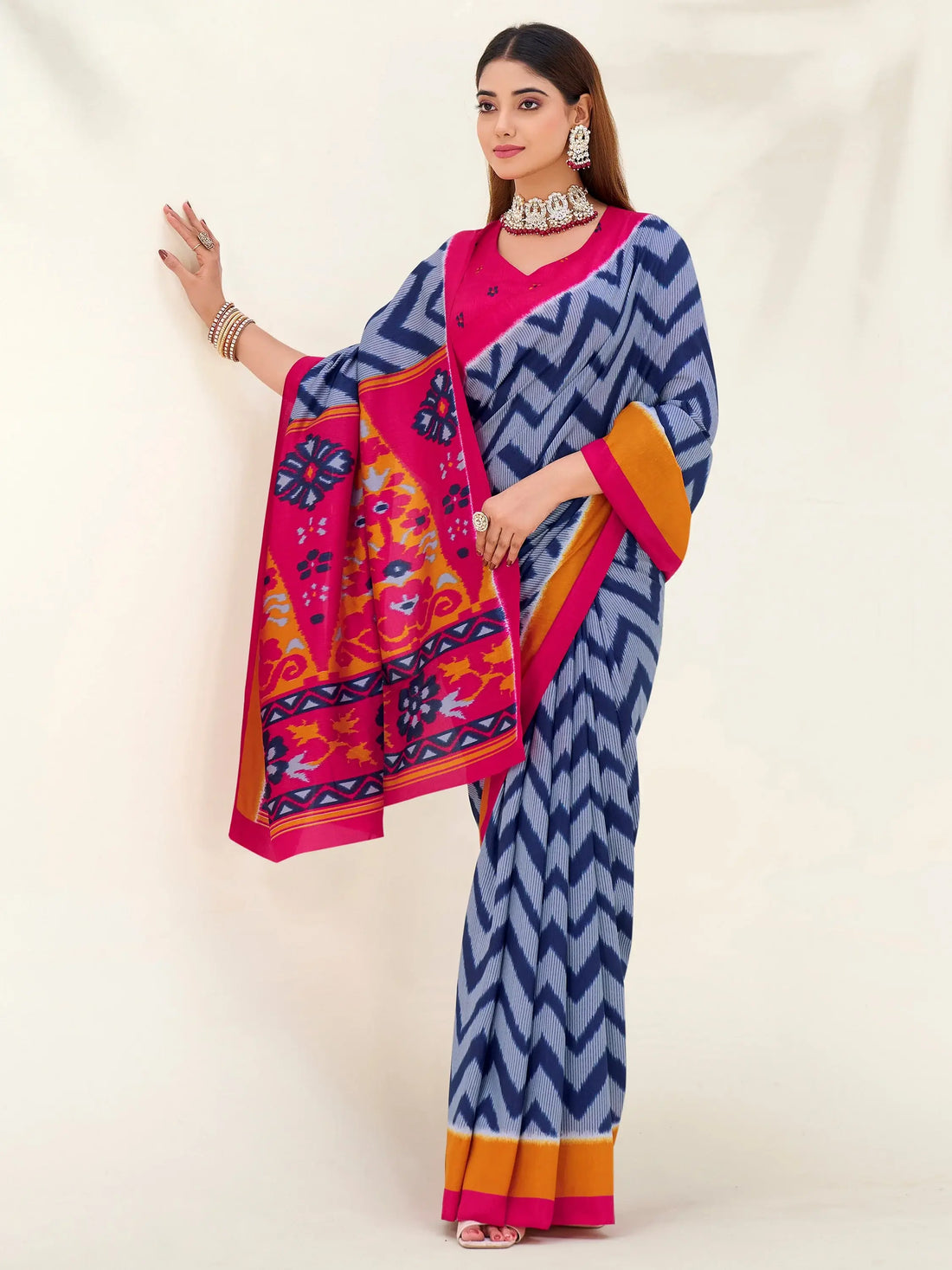 Stunning Blue ZIg-Zag Printed Tussar Silk Casual Wear Saree With Blouse