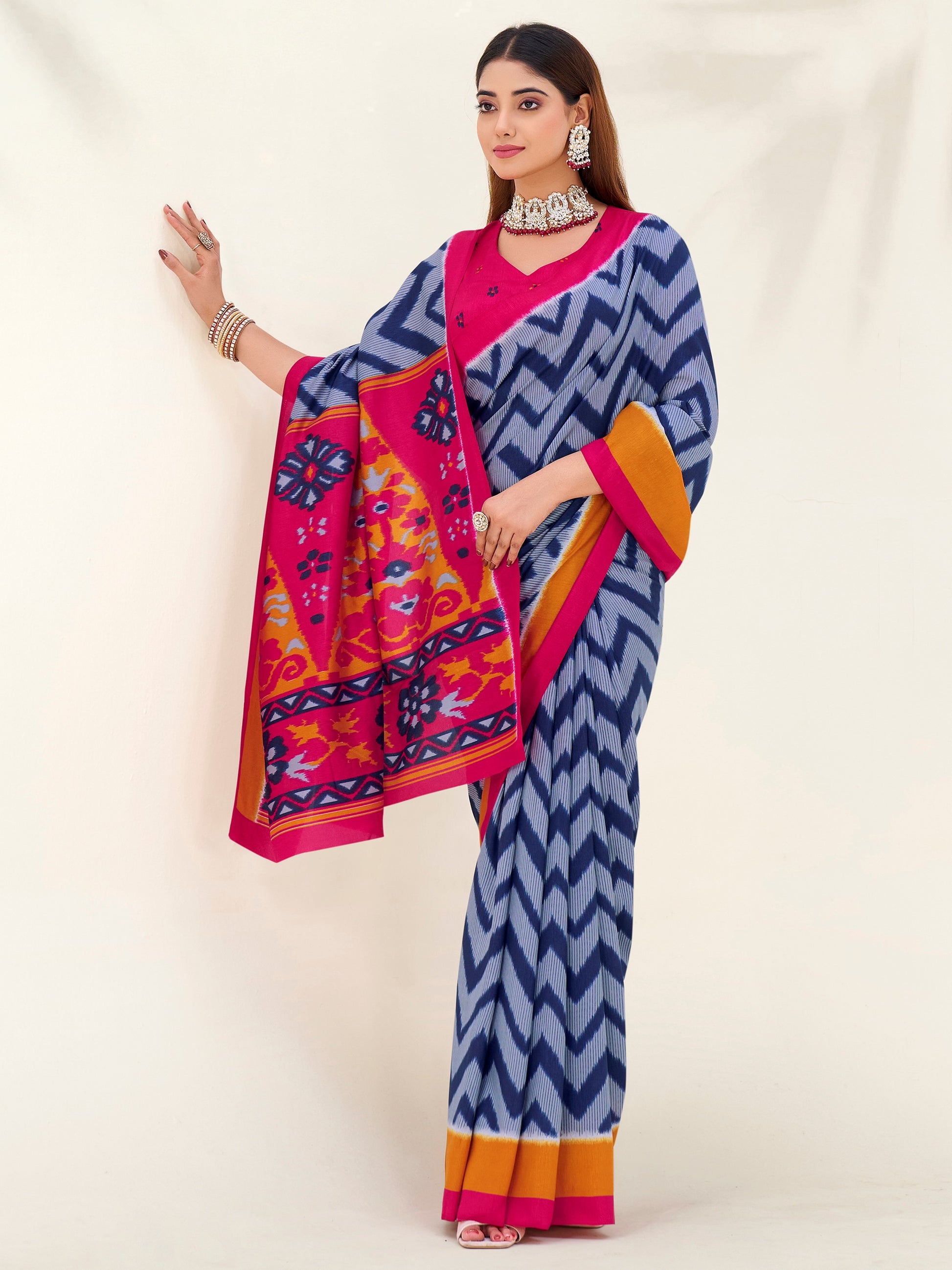 Stunning Blue ZIg-Zag Printed Tussar Silk Casual Wear Saree With Blouse