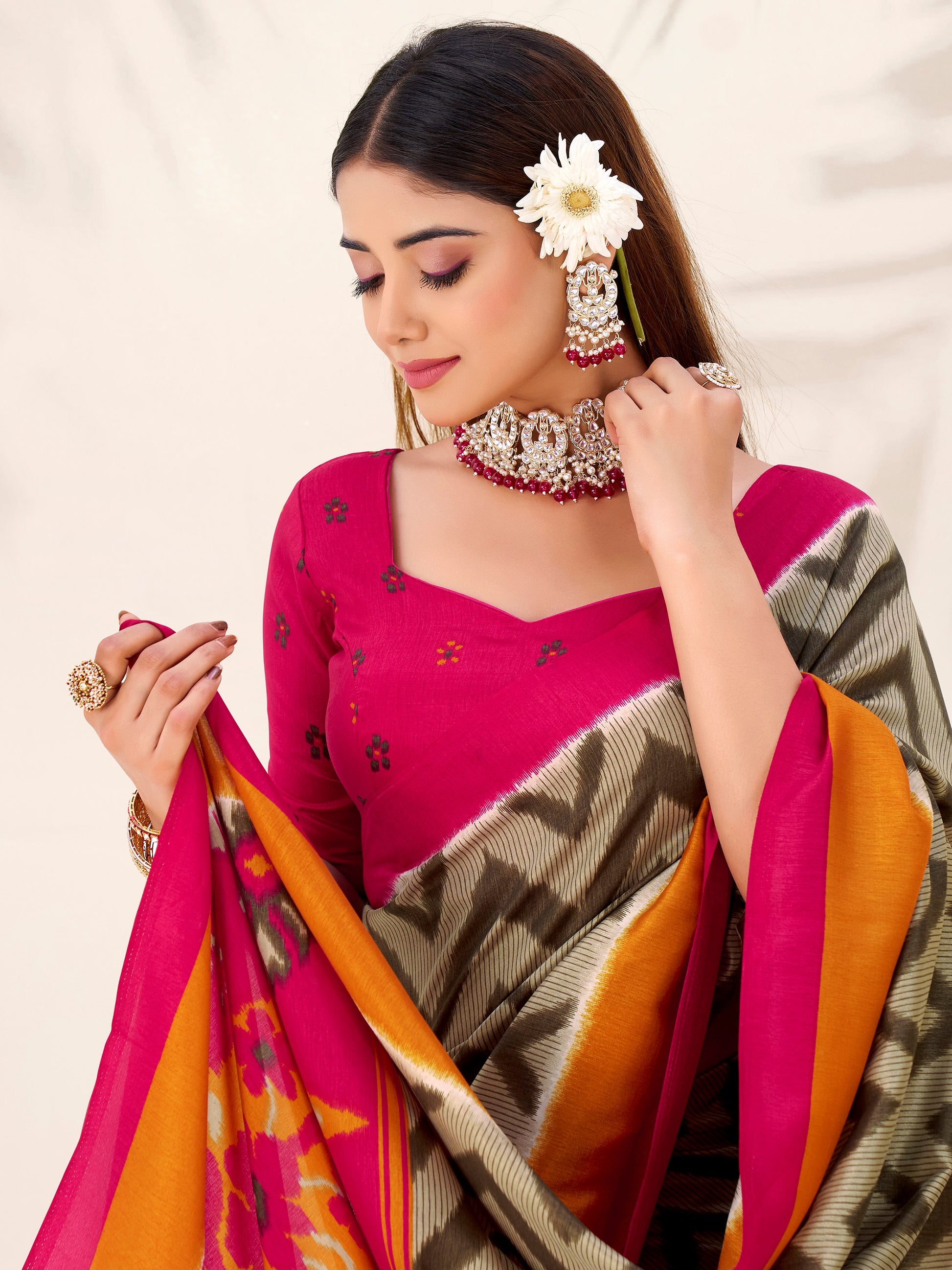 Elegant Green Printed Tussar Silk Mehendi Wear Saree With Blouse