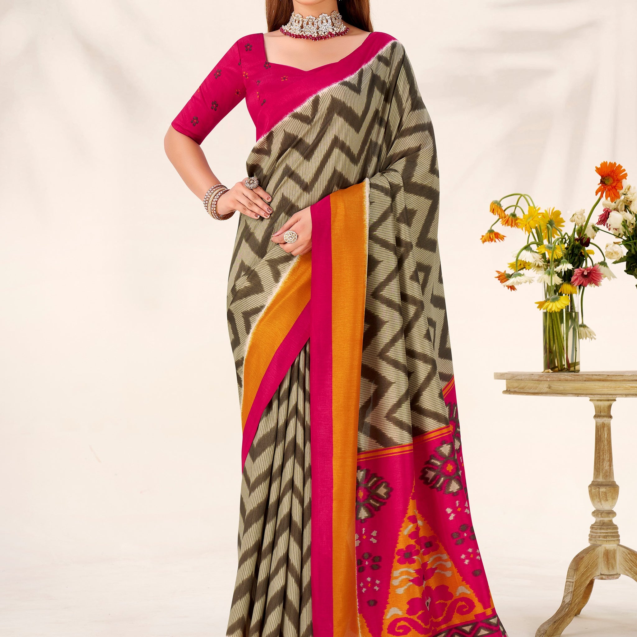 Elegant Green Printed Tussar Silk Mehendi Wear Saree With Blouse