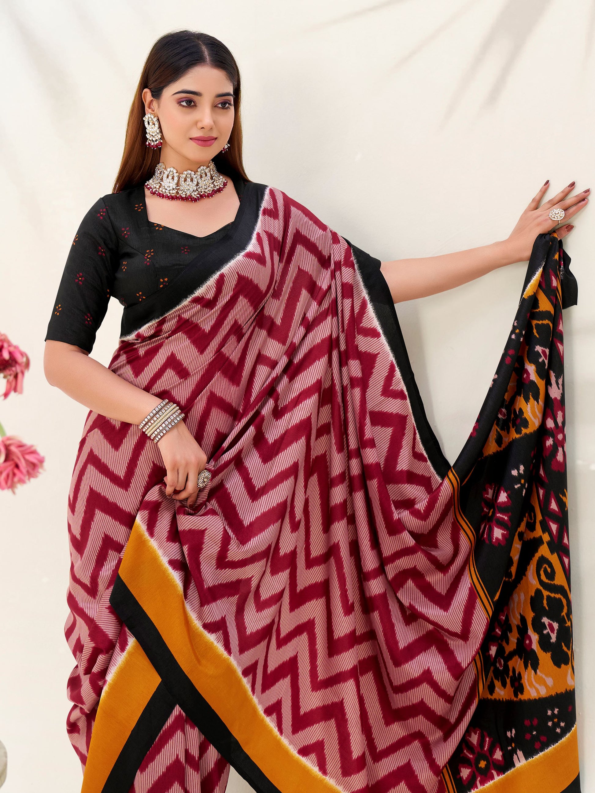 Pretty Maroon Printed Tussar Silk Festive Wear Saree With Blouse