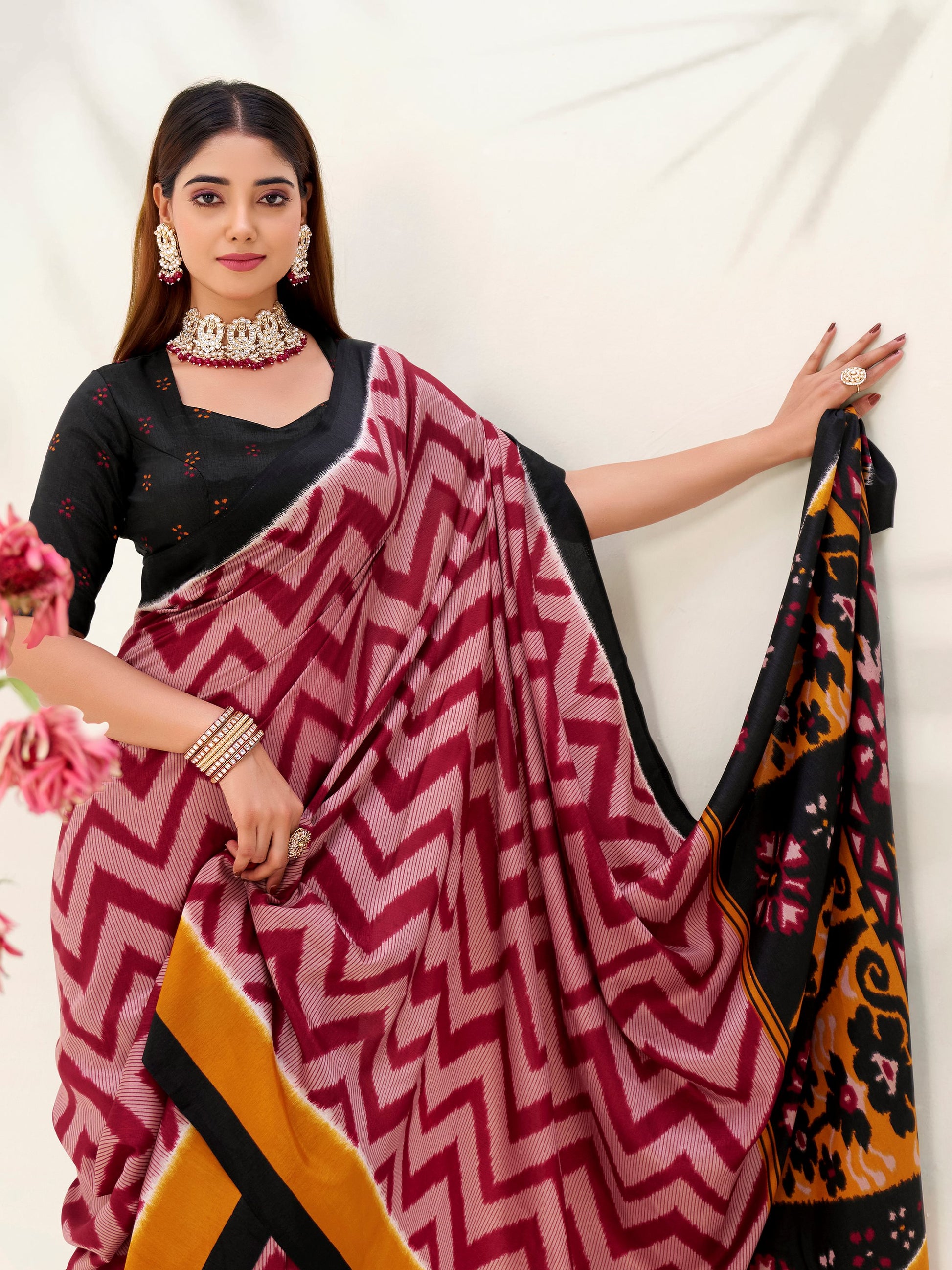 Pretty Maroon Printed Tussar Silk Festive Wear Saree With Blouse