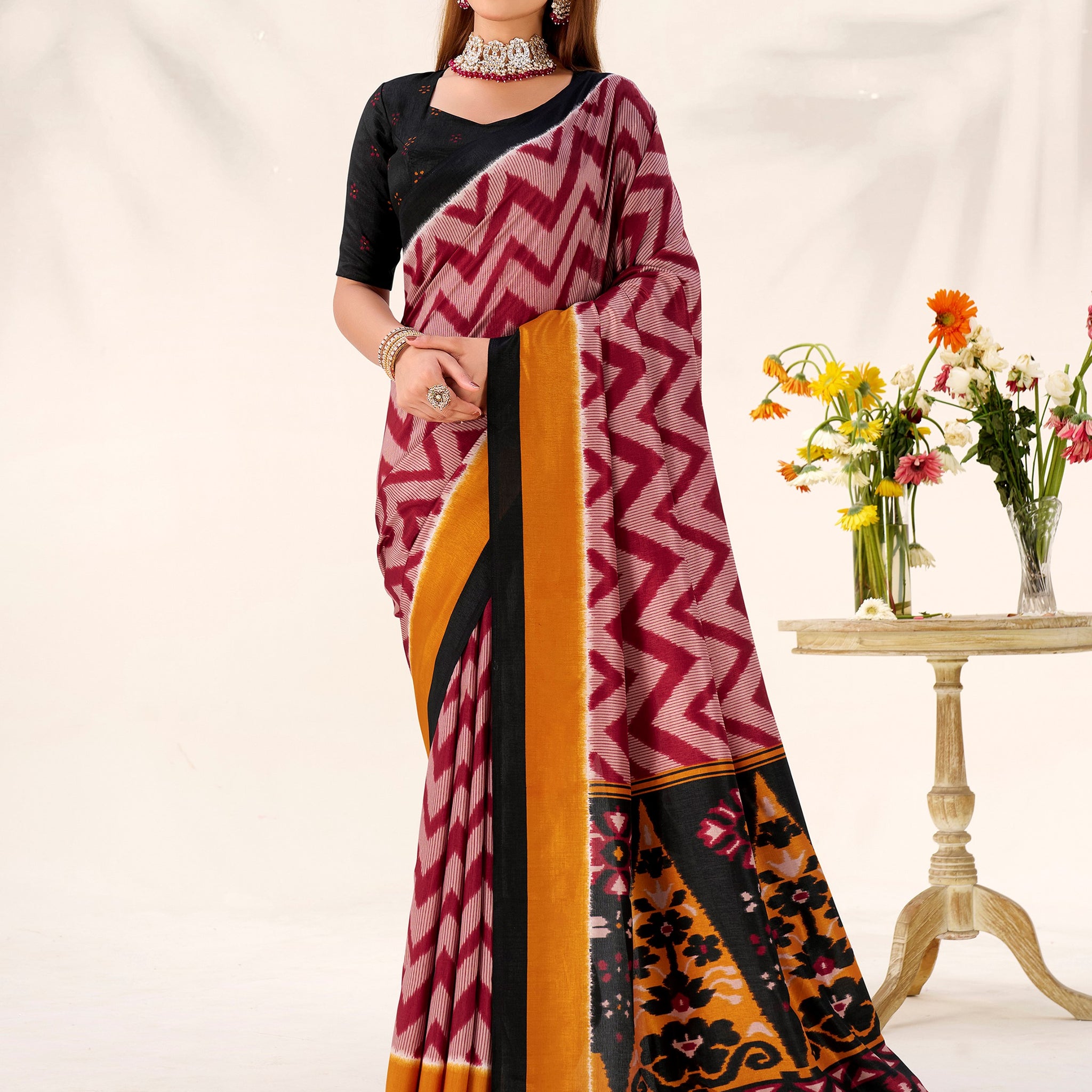 Pretty Maroon Printed Tussar Silk Festive Wear Saree With Blouse