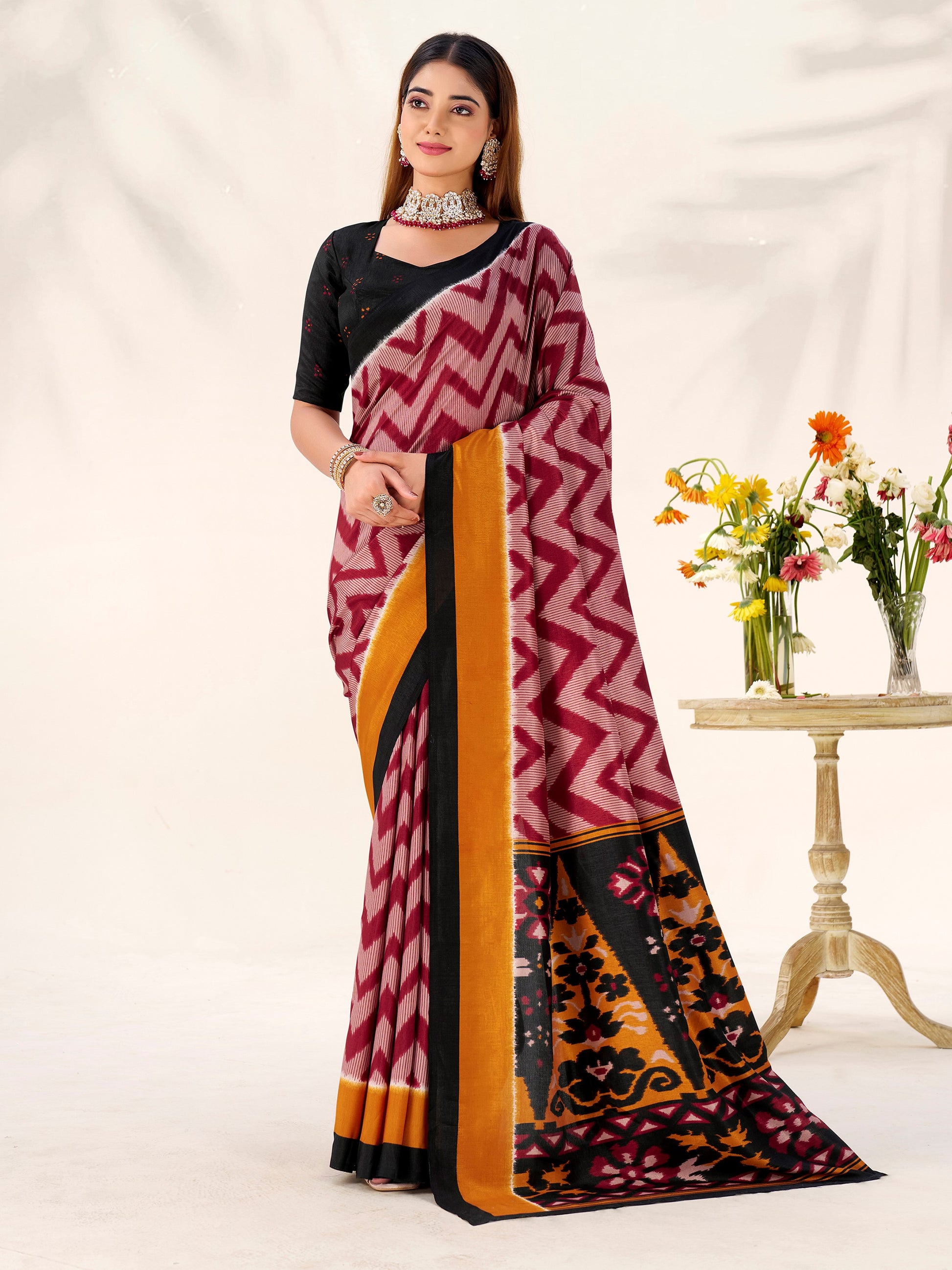 Pretty Maroon Printed Tussar Silk Festive Wear Saree With Blouse