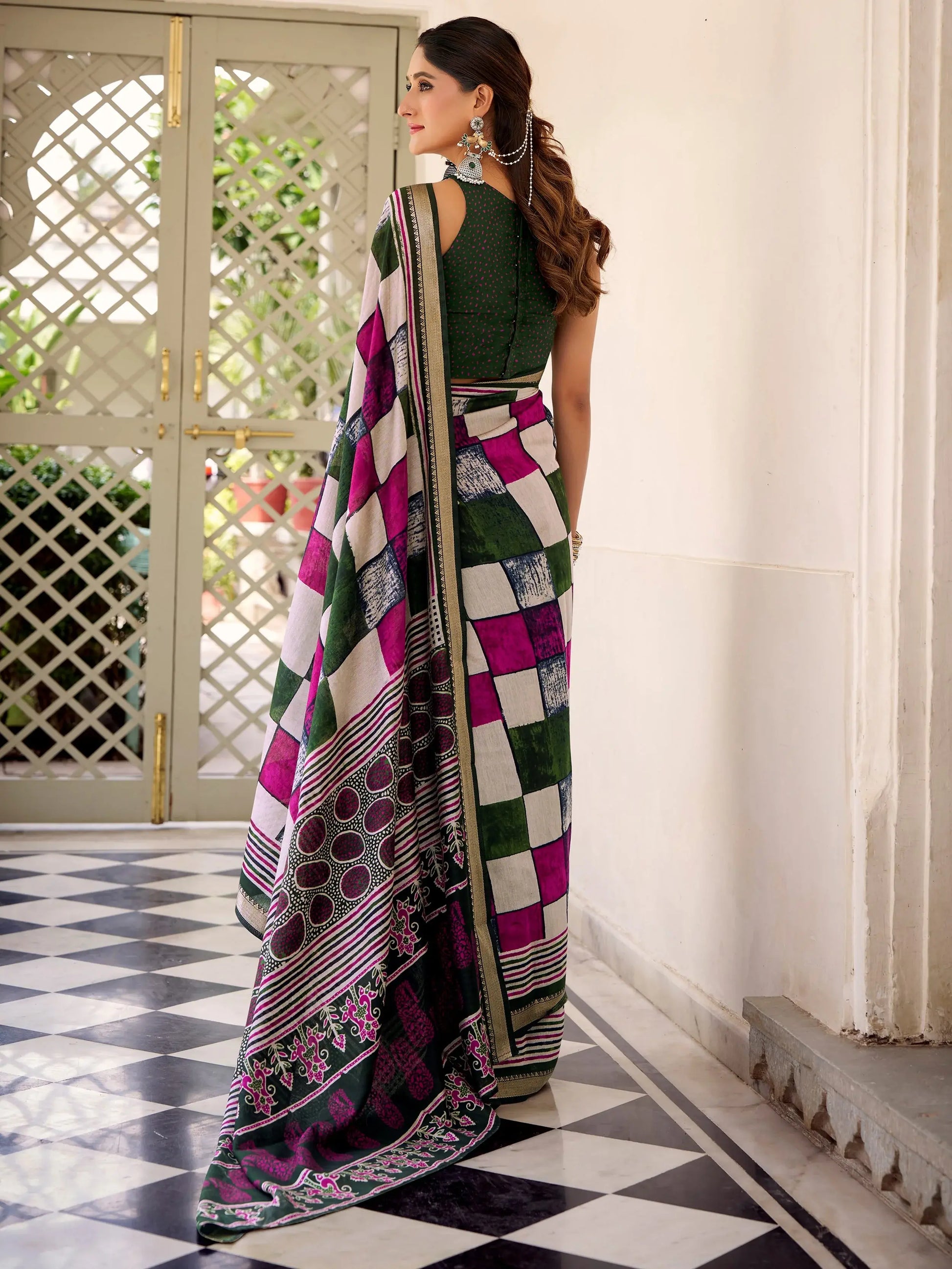 delightful Green Digital Printed Polyester Office Wear Saree With Blouse