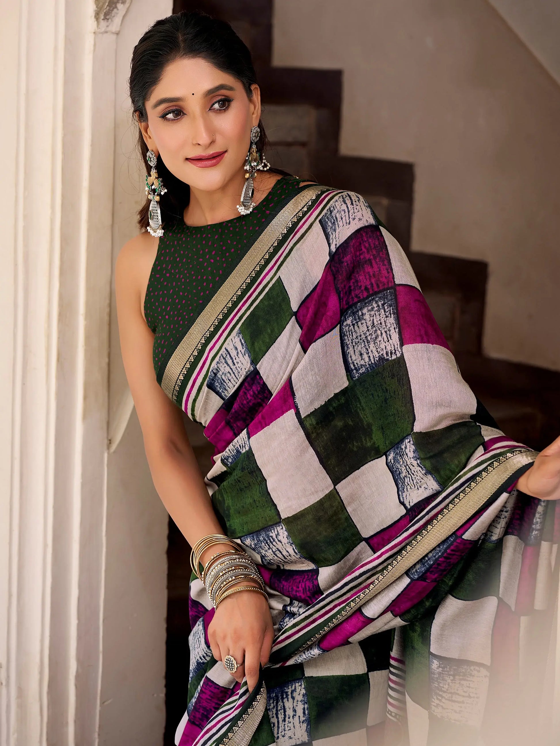 delightful Green Digital Printed Polyester Office Wear Saree With Blouse