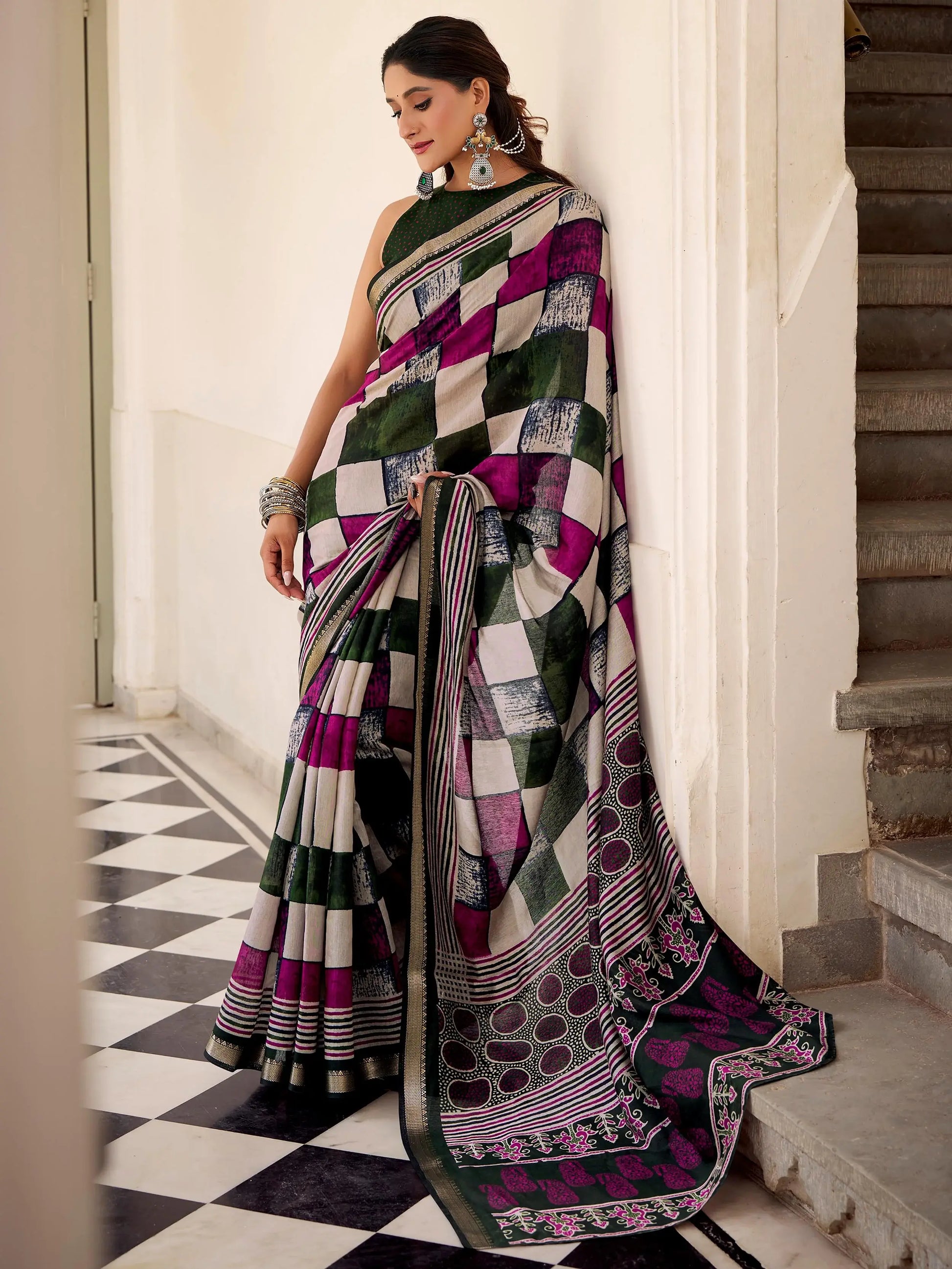 delightful Green Digital Printed Polyester Office Wear Saree With Blouse