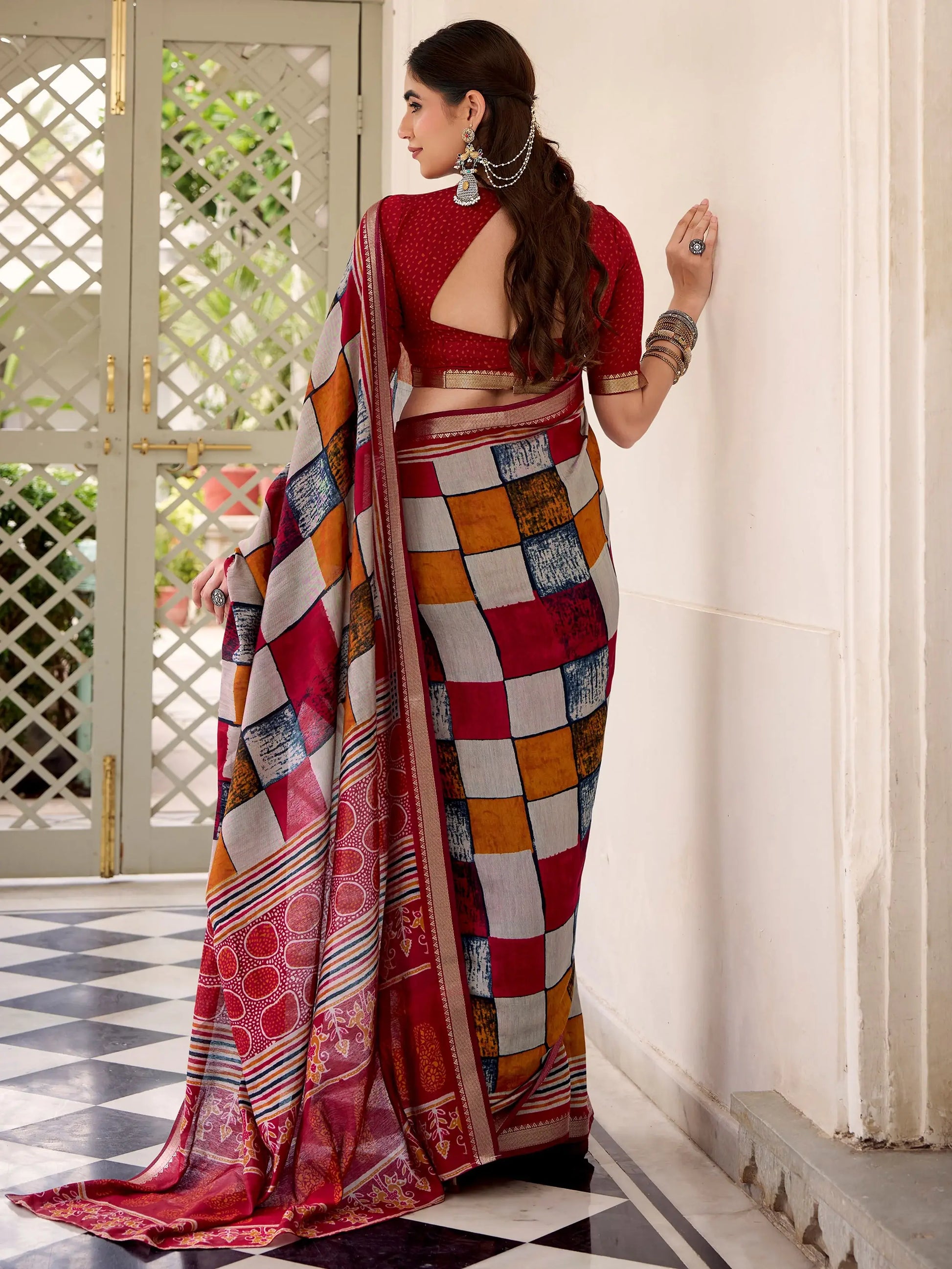 Classic Maroon Digital Printed Polyester Daily Wear Saree With Blouse