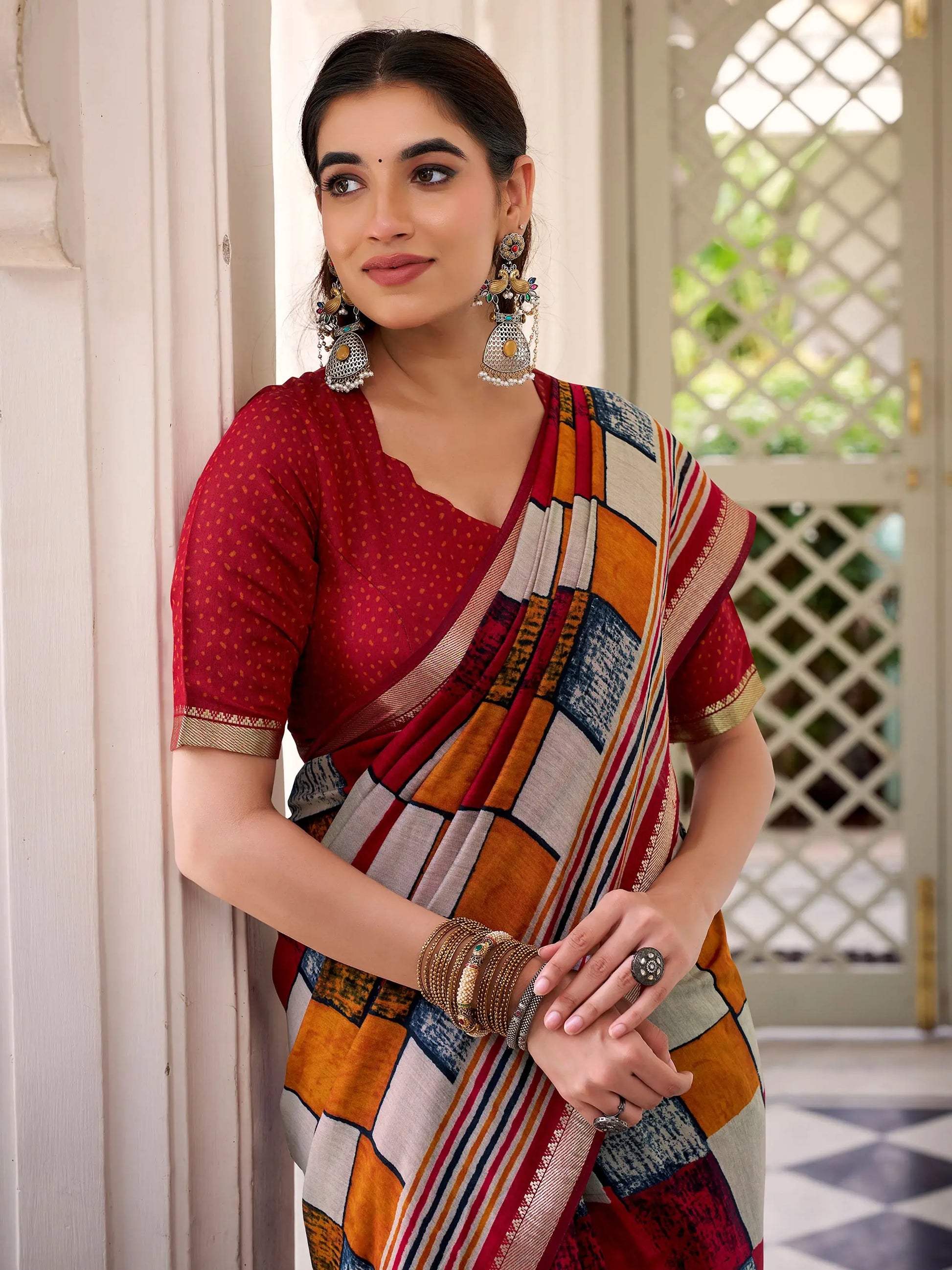 Classic Maroon Digital Printed Polyester Daily Wear Saree With Blouse