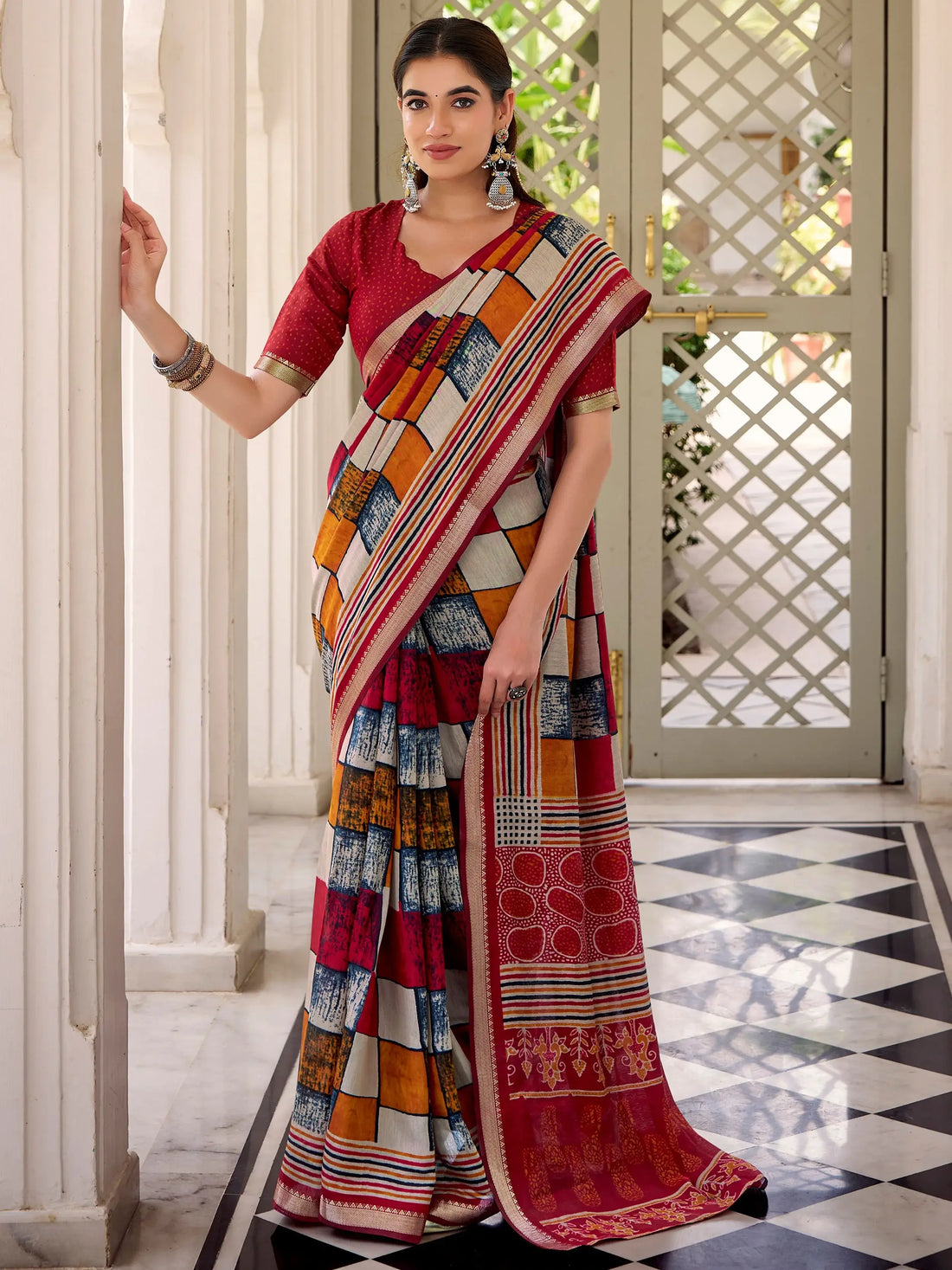 Classic Maroon Digital Printed Polyester Daily Wear Saree With Blouse