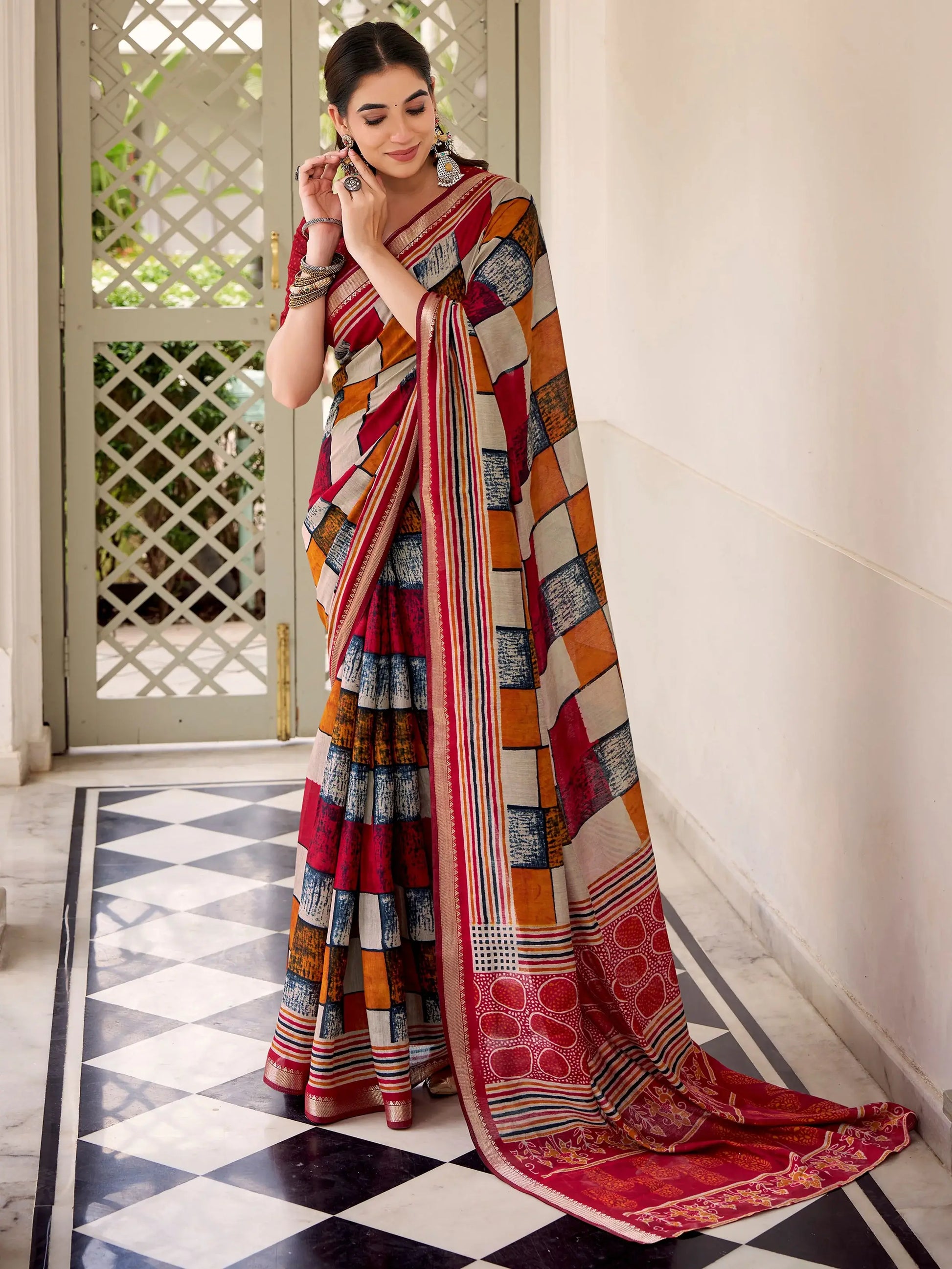 Classic Maroon Digital Printed Polyester Daily Wear Saree With Blouse