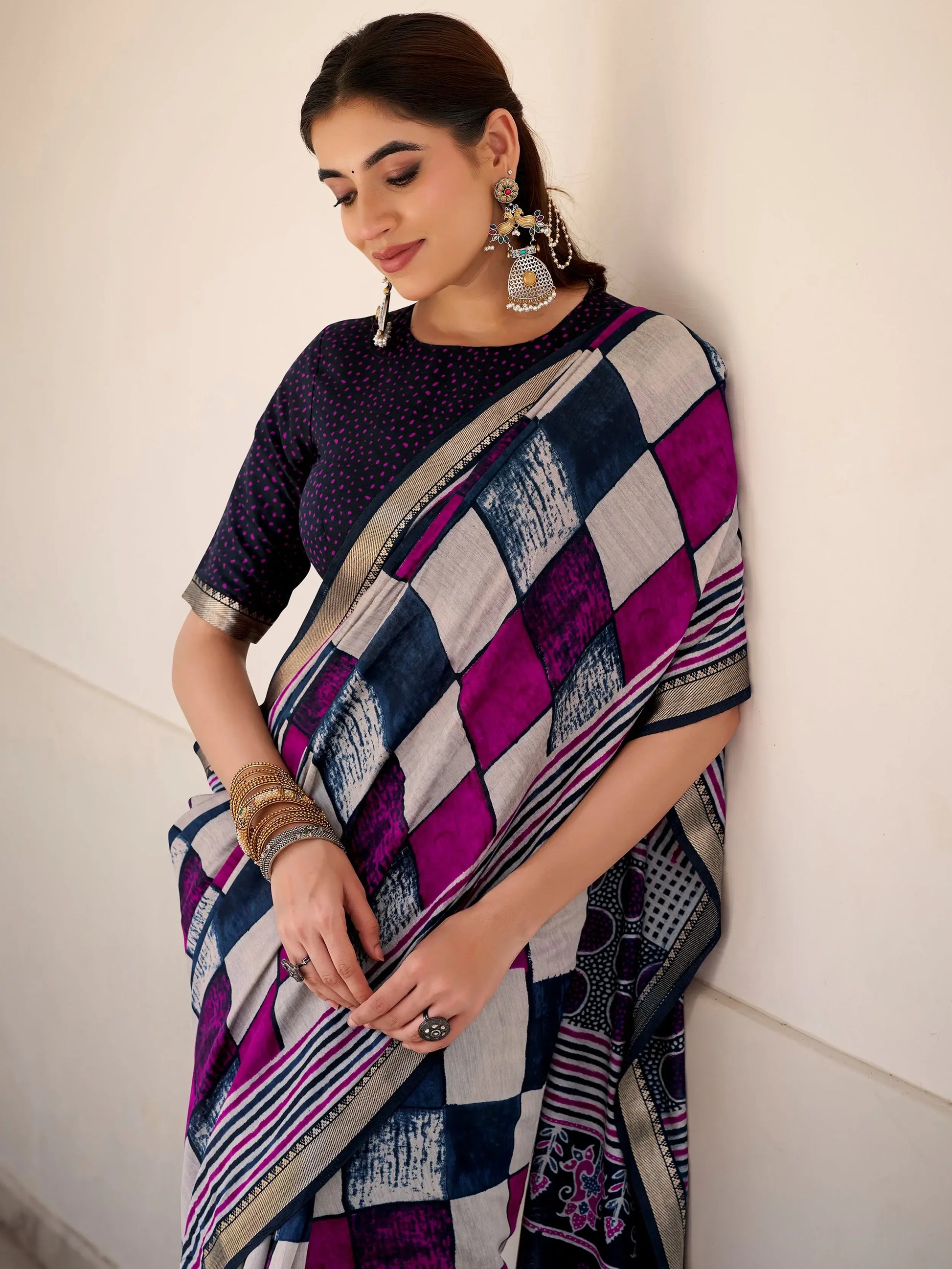 Excellent Navy Blue Digital Printed Polyester Festive Wear Saree With Blouse