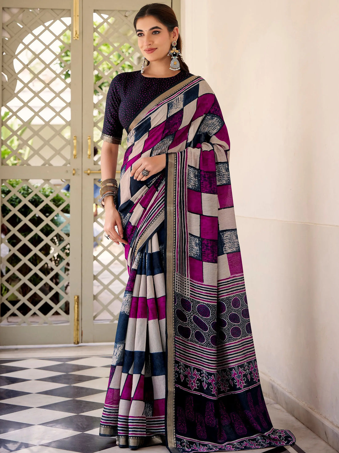 Excellent Navy Blue Digital Printed Polyester Festive Wear Saree With Blouse
