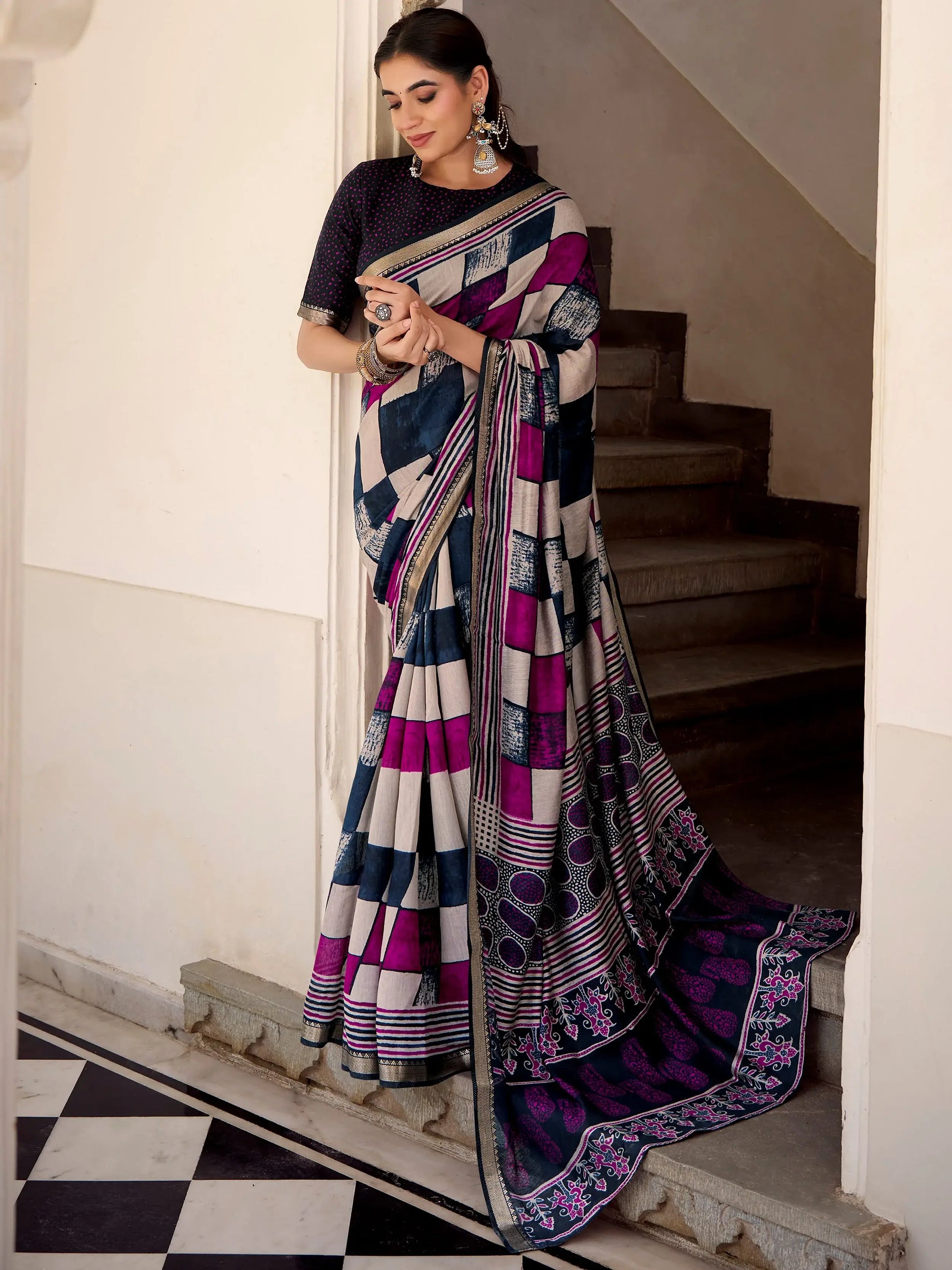 Excellent Navy Blue Digital Printed Polyester Festive Wear Saree With Blouse