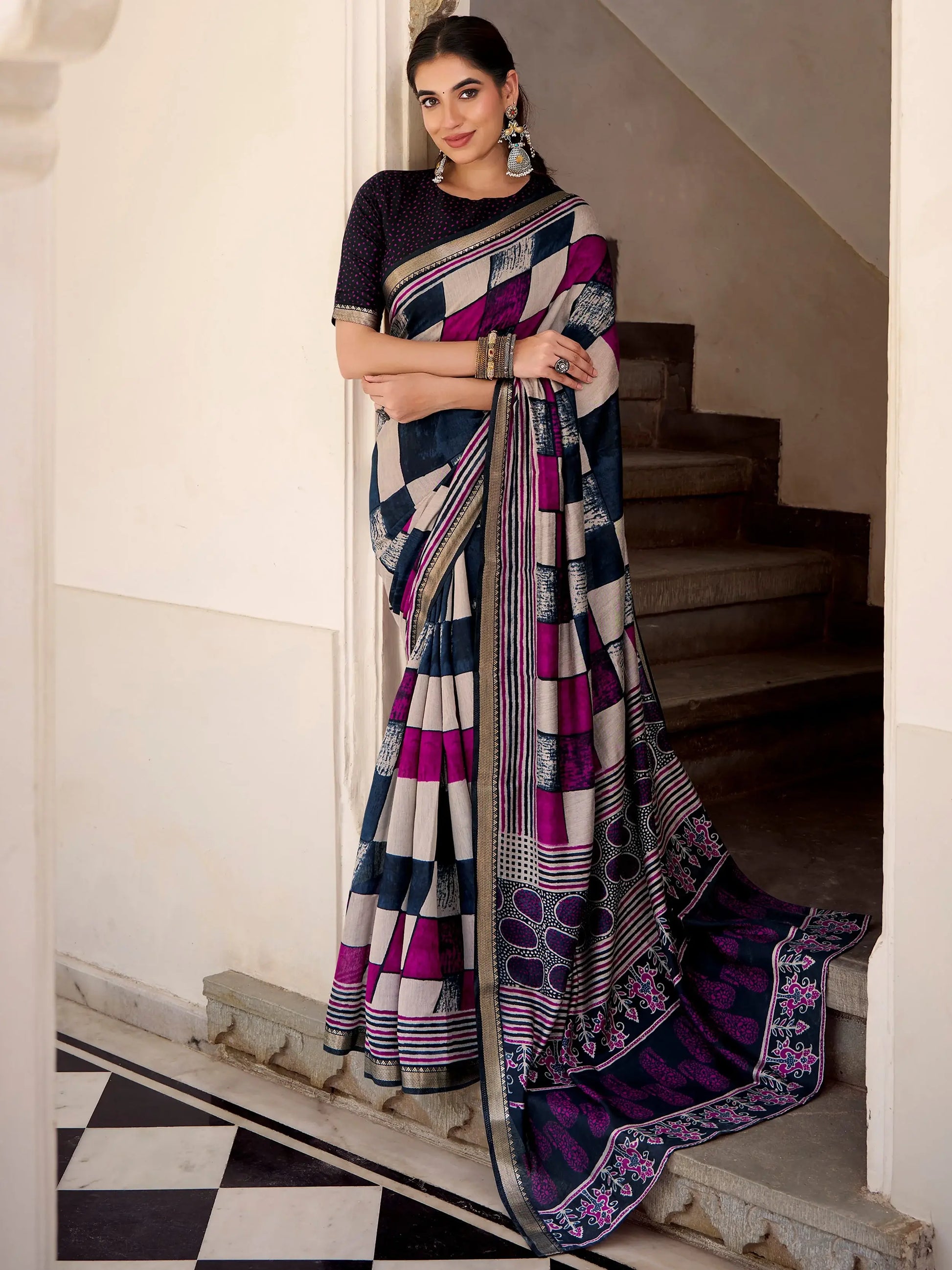 Excellent Navy Blue Digital Printed Polyester Festive Wear Saree With Blouse
