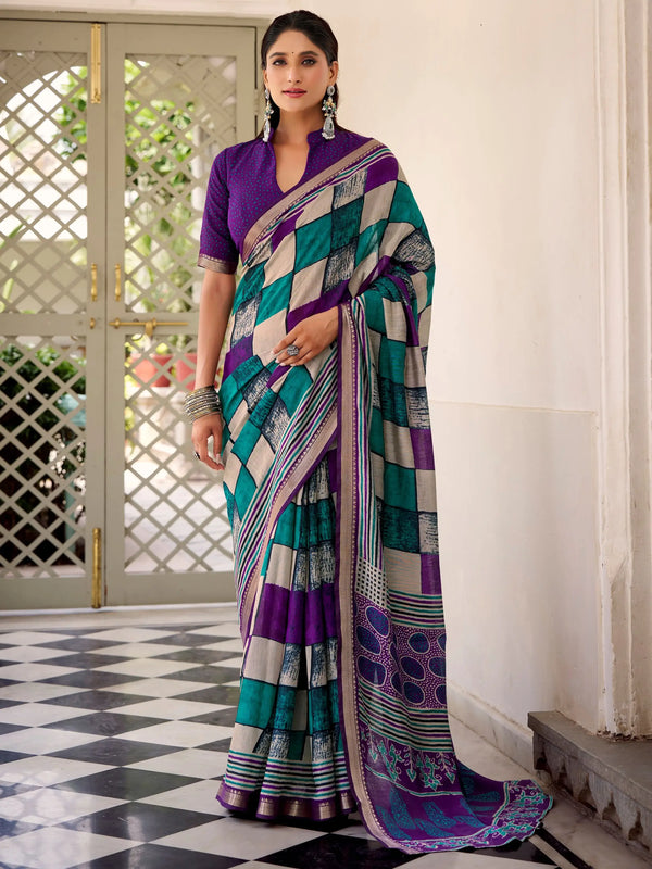 Bewitching Purple Digital Printed Polyester Casual Wear Saree With Blouse