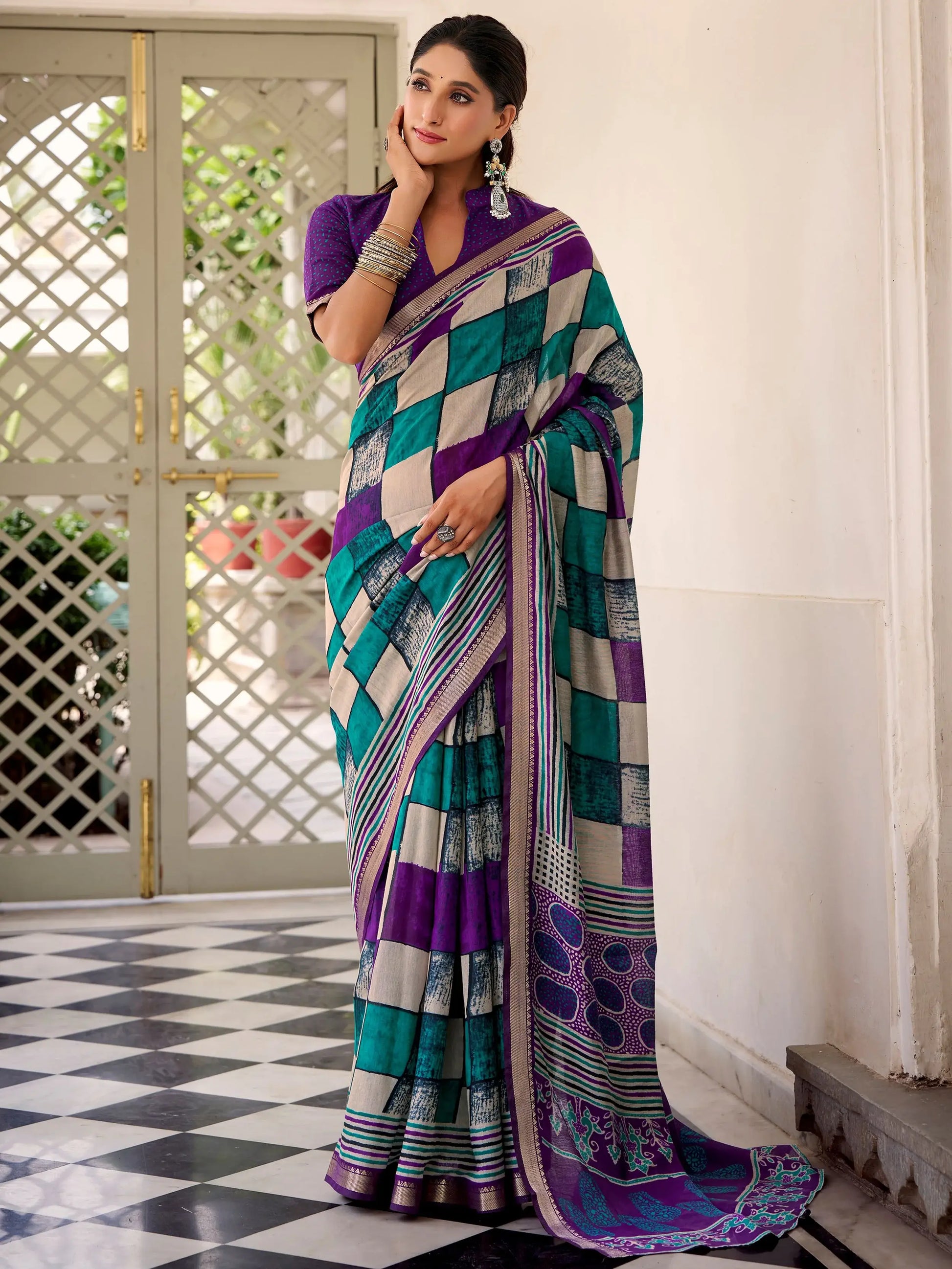 Bewitching Purple Digital Printed Polyester Casual Wear Saree With Blouse