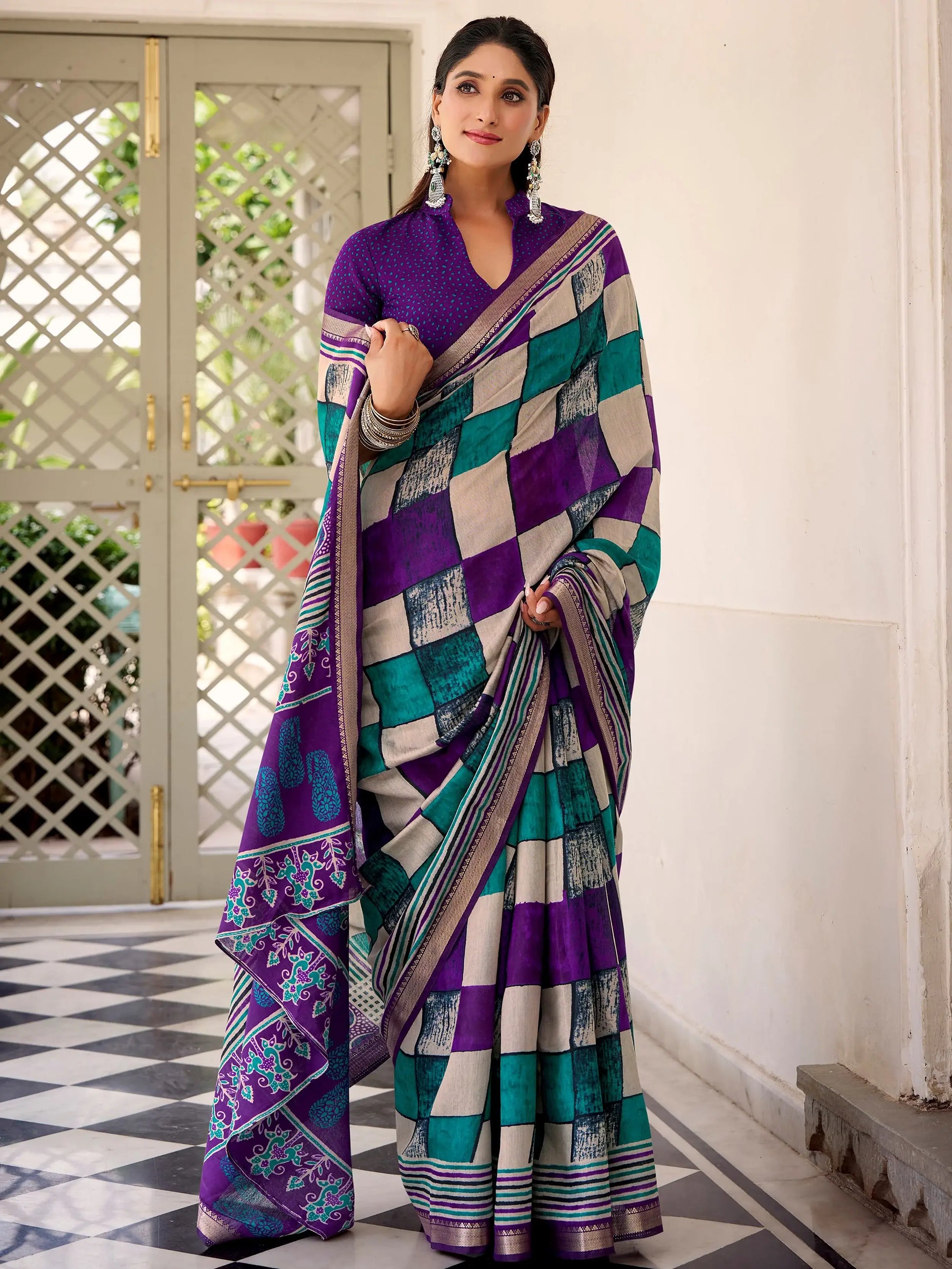 Bewitching Purple Digital Printed Polyester Casual Wear Saree With Blouse