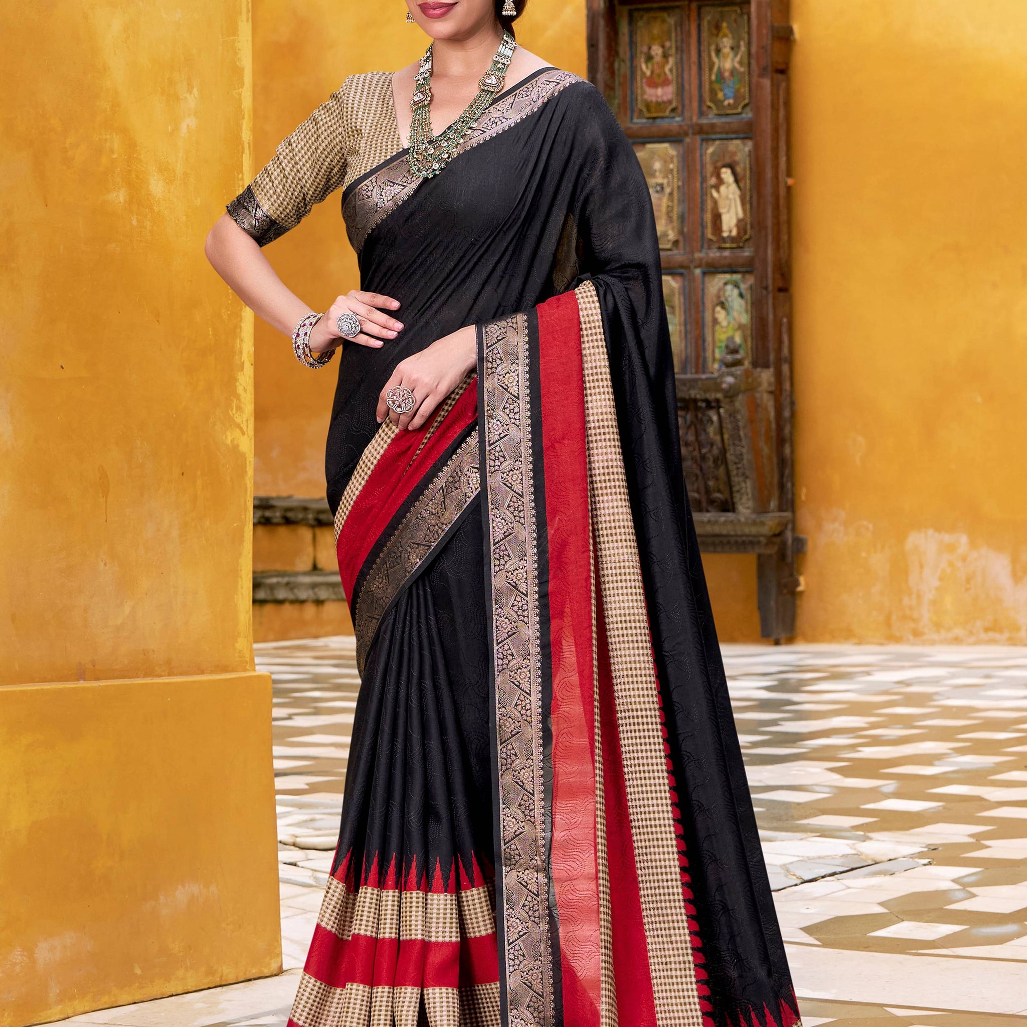 Beautiful Black Zari Weaving Cotton Event Wear Saree With Blouse