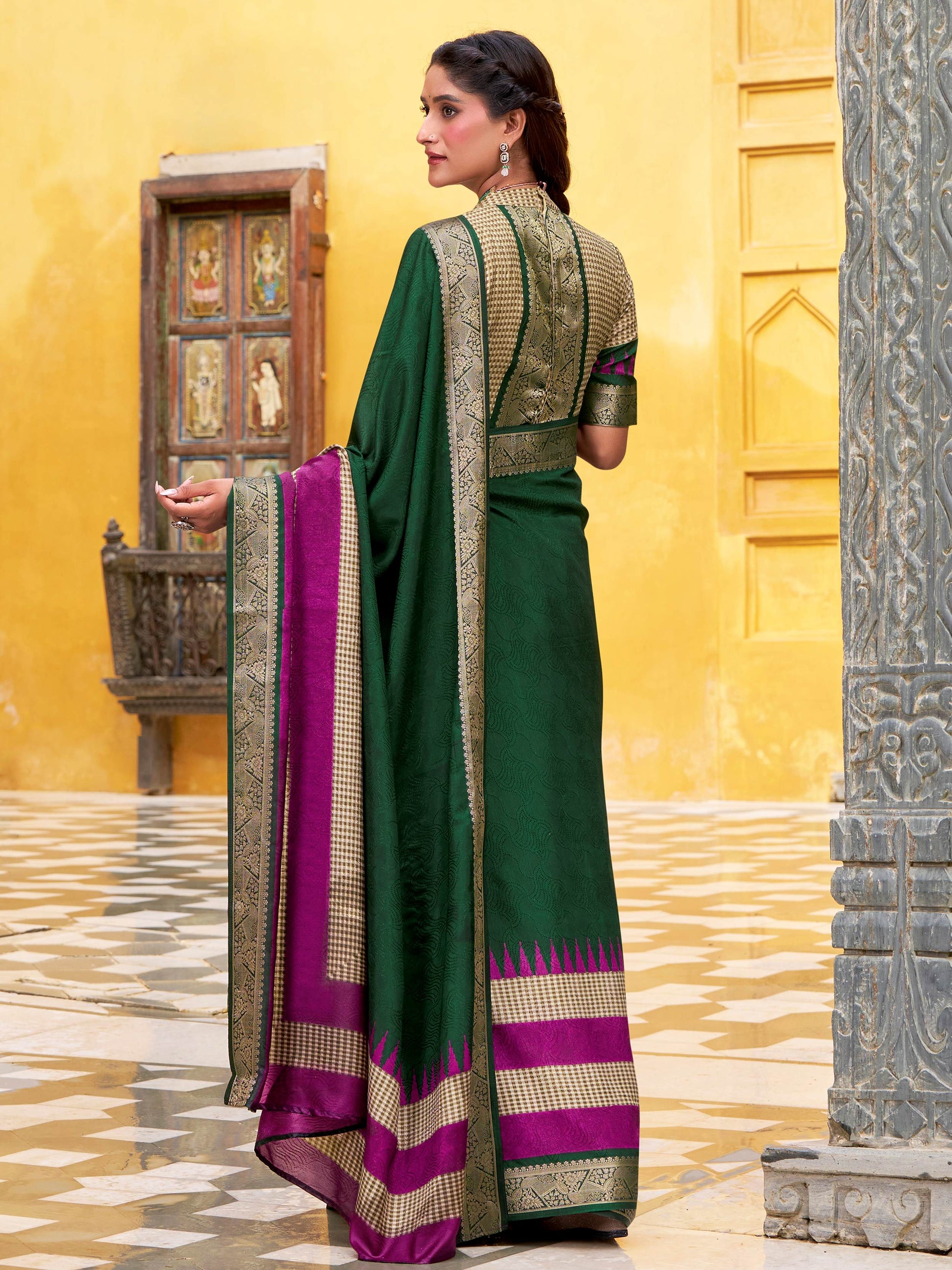 Majestic Bottle Green Zari Weaving Cotton Mehendi Wear Saree With Blouse