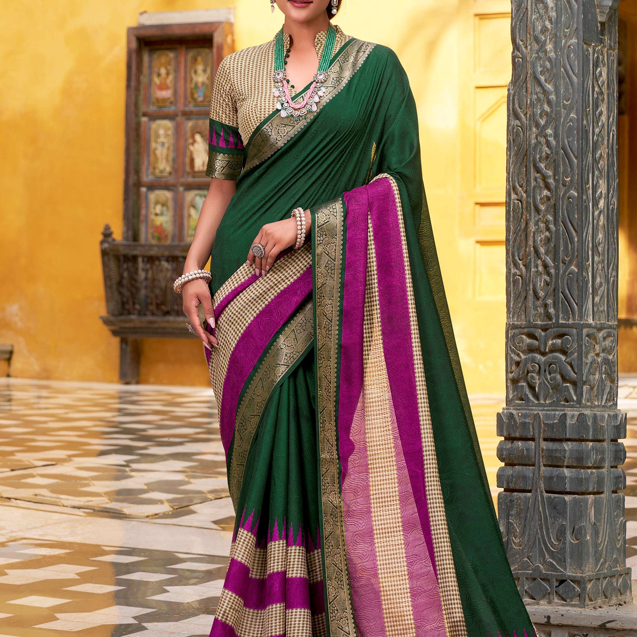 Majestic Bottle Green Zari Weaving Cotton Mehendi Wear Saree With Blouse