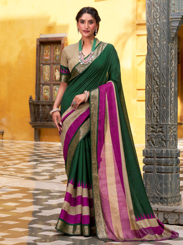 Majestic Bottle Green Zari Weaving Cotton Mehendi Wear Saree With Blouse