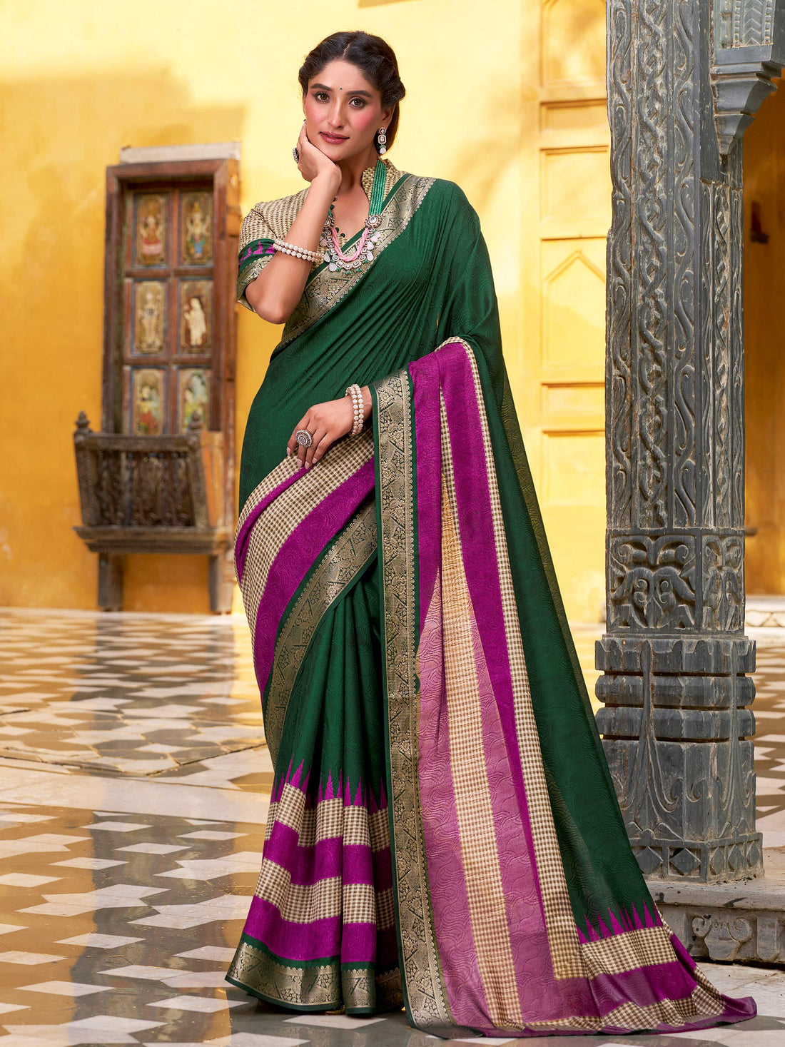 Majestic Bottle Green Zari Weaving Cotton Mehendi Wear Saree With Blouse