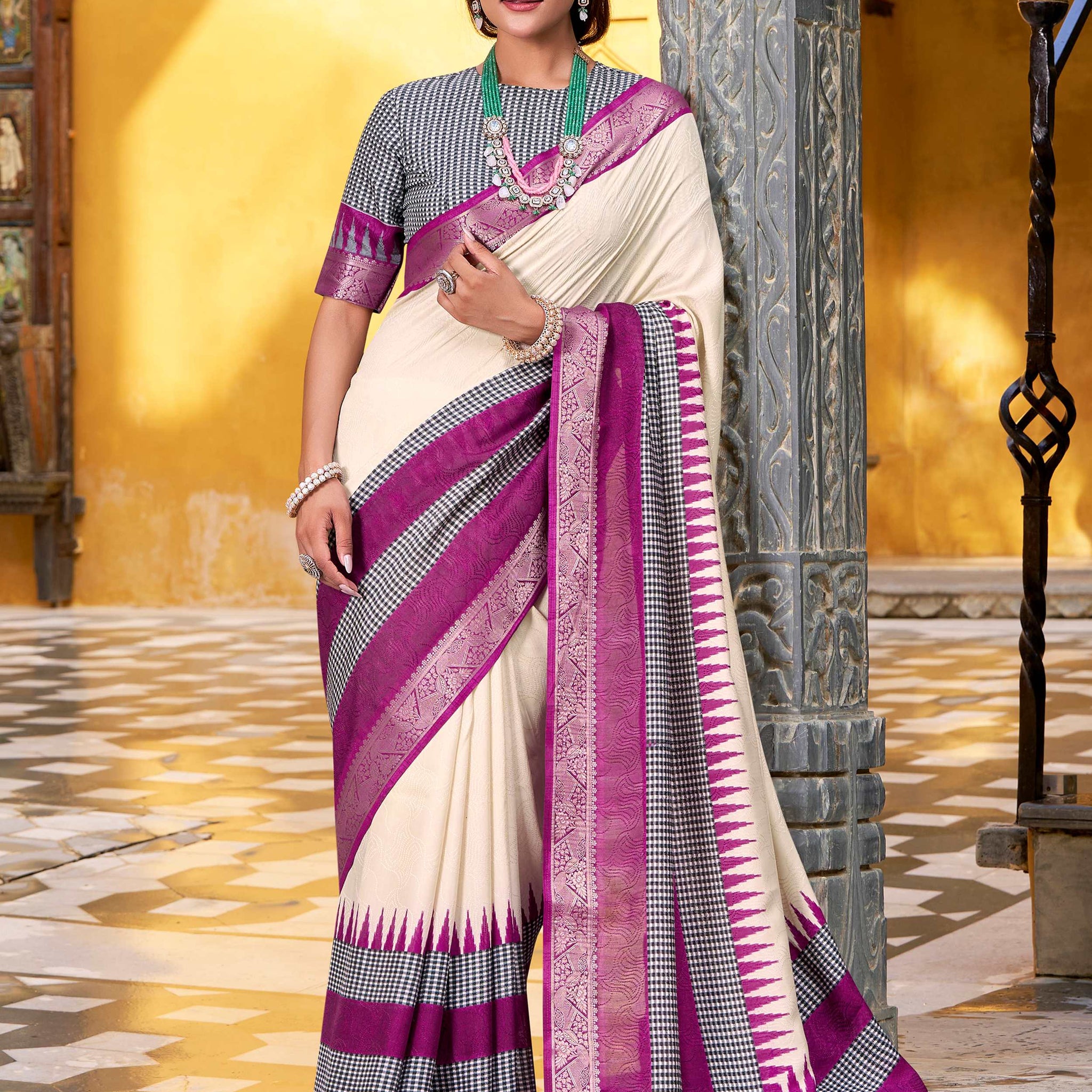 Fine Off-White Zari Weaving Cotton Festive Wear Saree With Blouse