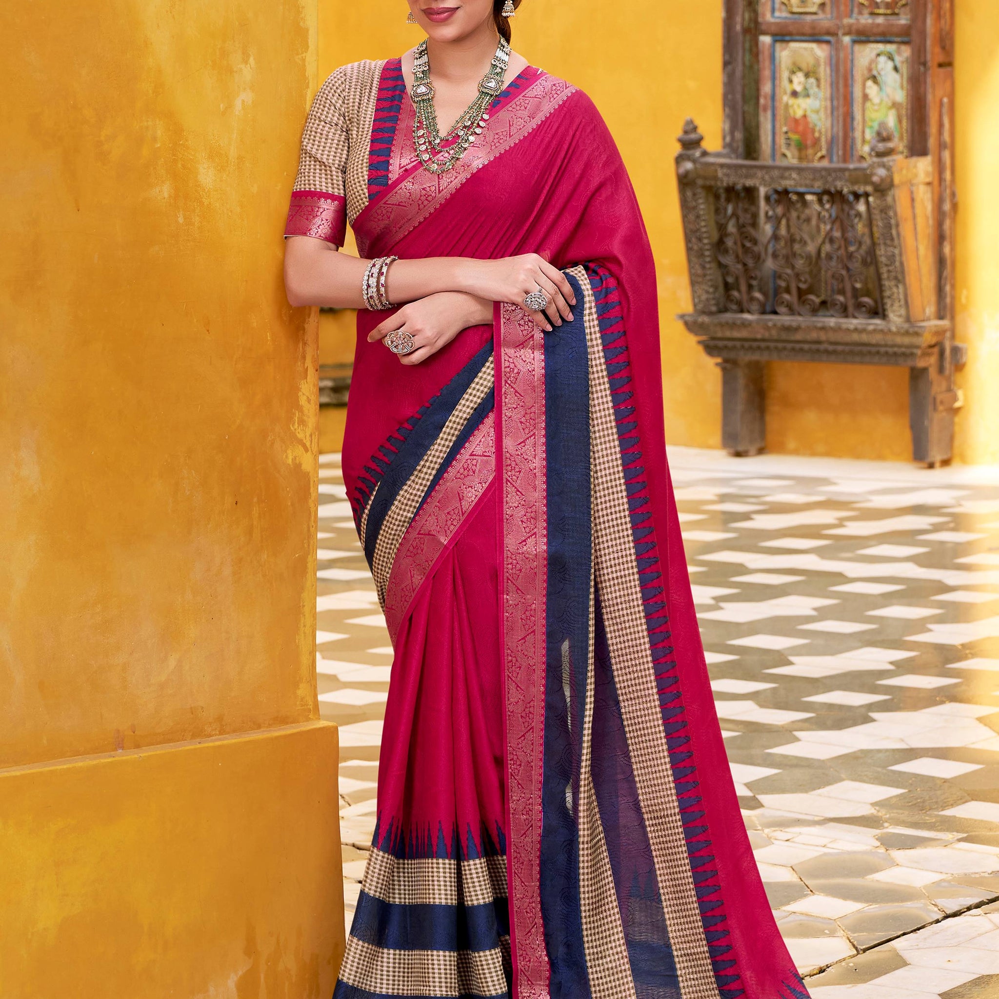 Classy Pink Zari Weaving Cotton Traditional Saree With Blouse