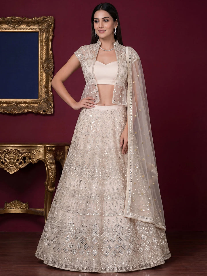 Rich Off-White Foil Work Net Reception Wear Lehenga Choli With Jacket