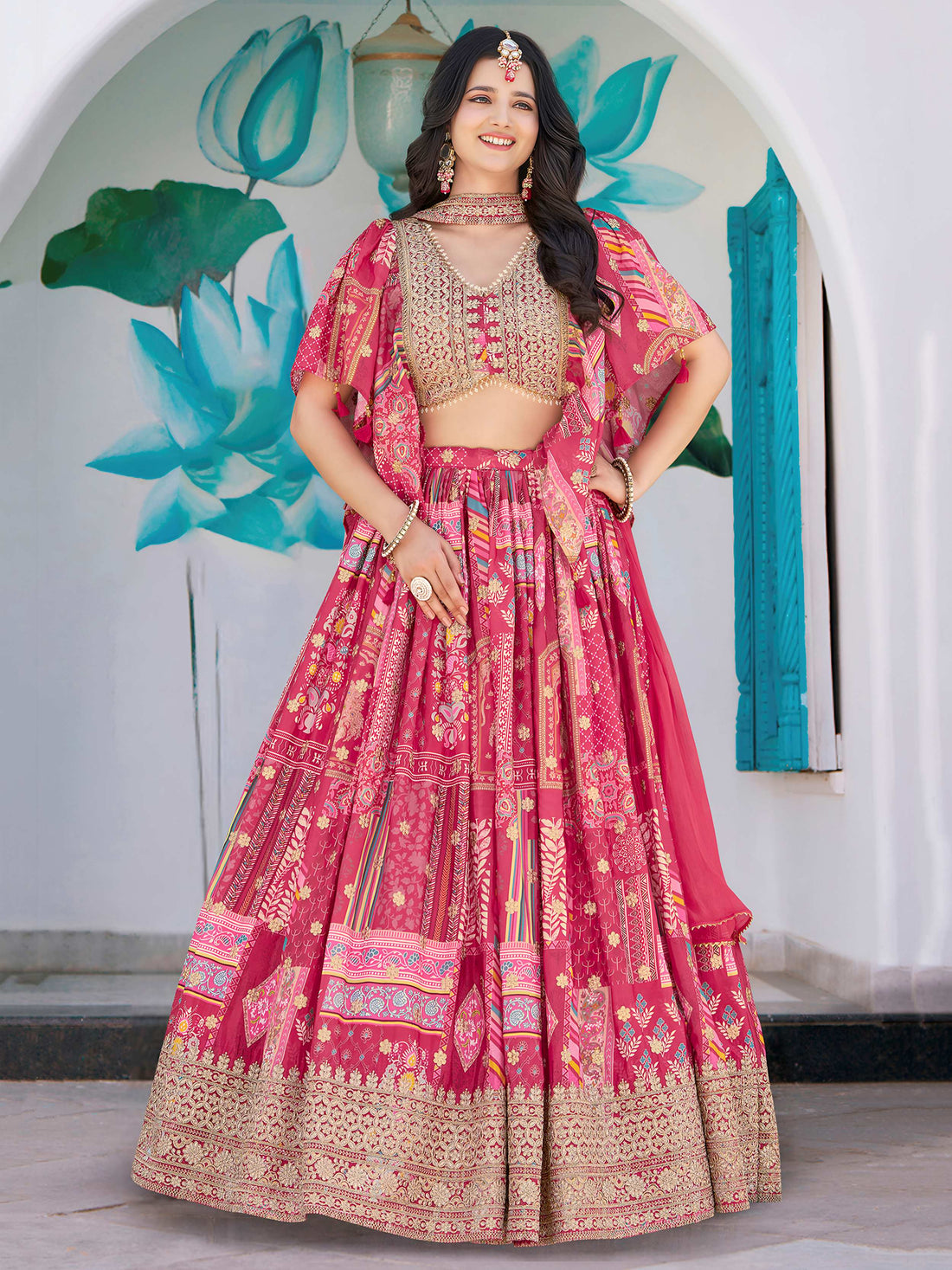 Dazzling Hot Pink Digital Printed Chinon Engagement Wear Lehenga Choli