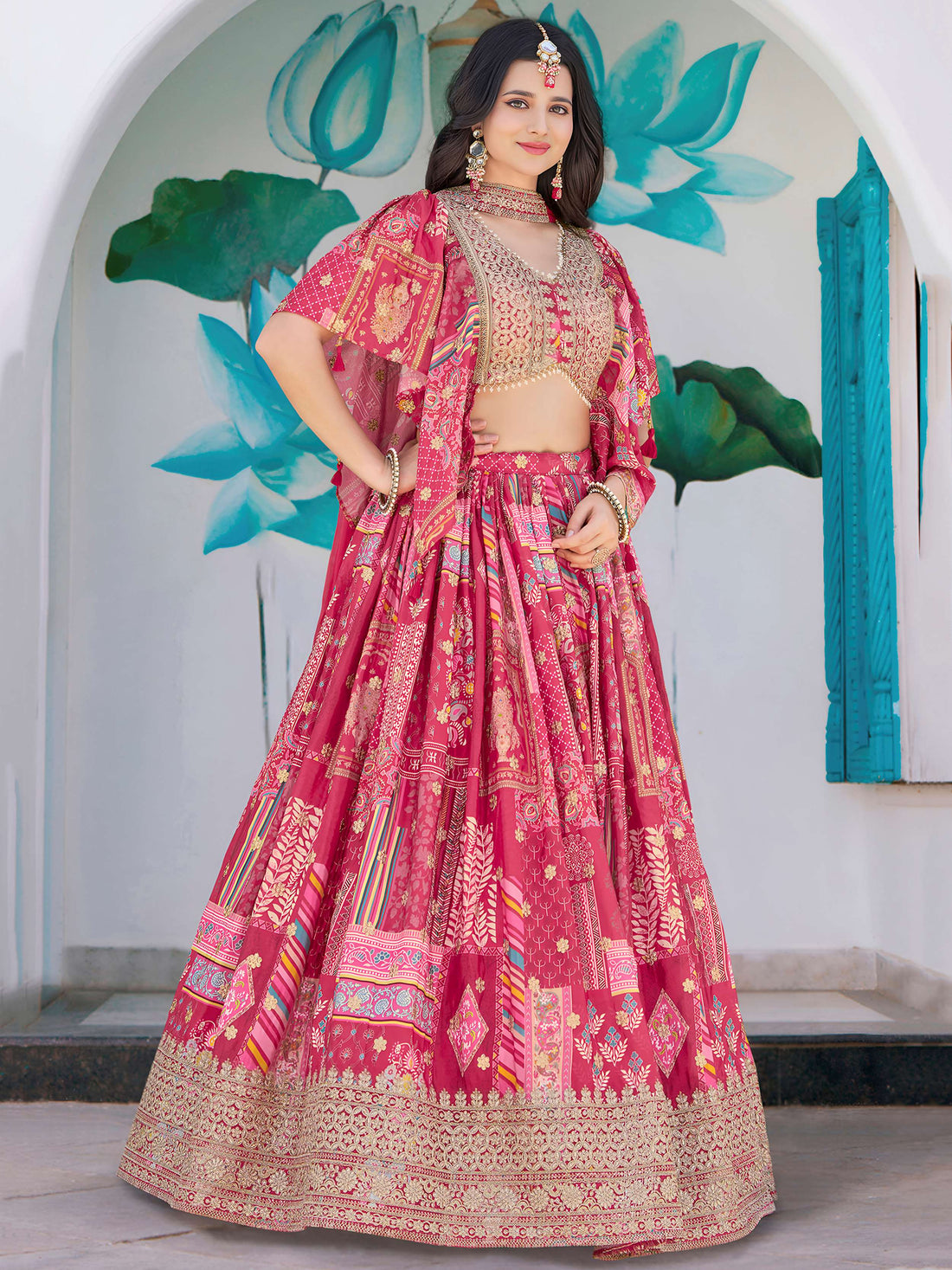 Dazzling Hot Pink Digital Printed Chinon Engagement Wear Lehenga Choli