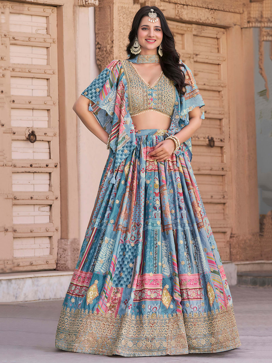 Lovely Sky Blue Zari Embroidery Chinon Reception Wear Lehenga Choli With Dupatta