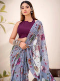Classy Grey  Floral Printed Brasso Sangeet Nights Wear Saree