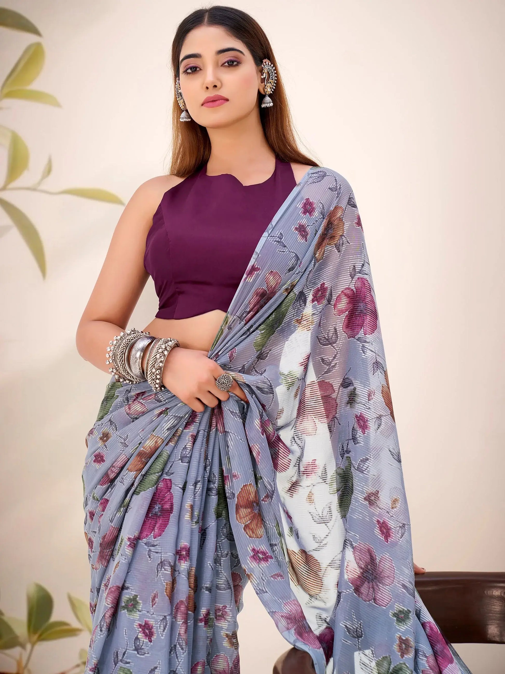 Classy Grey  Floral Printed Brasso Sangeet Nights Wear Saree