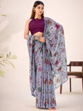 Classy Grey  Floral Printed Brasso Sangeet Nights Wear Saree