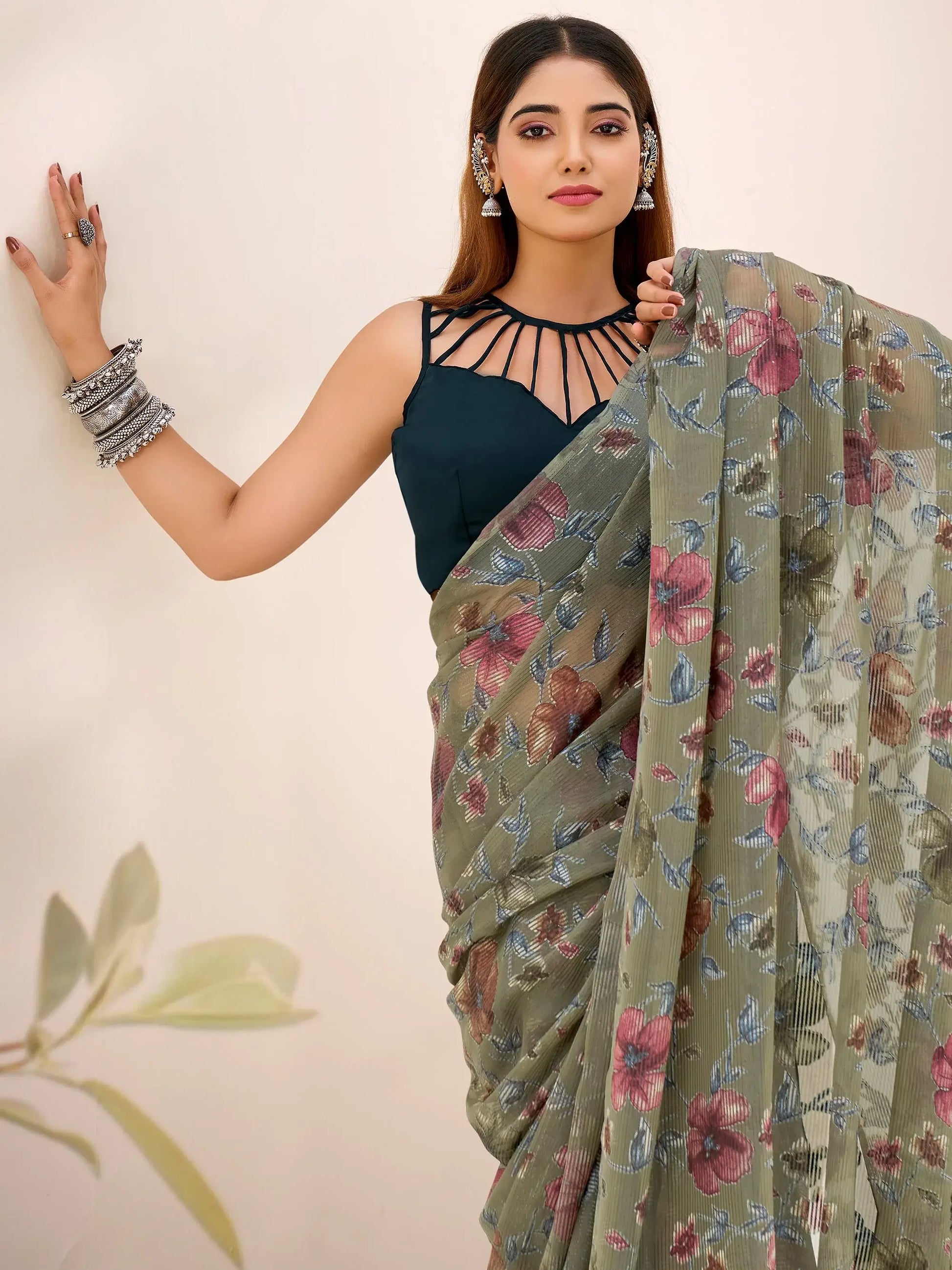 Trendy Green Floral Printed Brasso Mehendi Functions Wear Saree