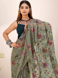 Trendy Green Floral Printed Brasso Mehendi Functions Wear Saree