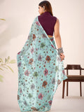 Glamorous Sea Green Floral Printed Brasso Festivals Wear Saree